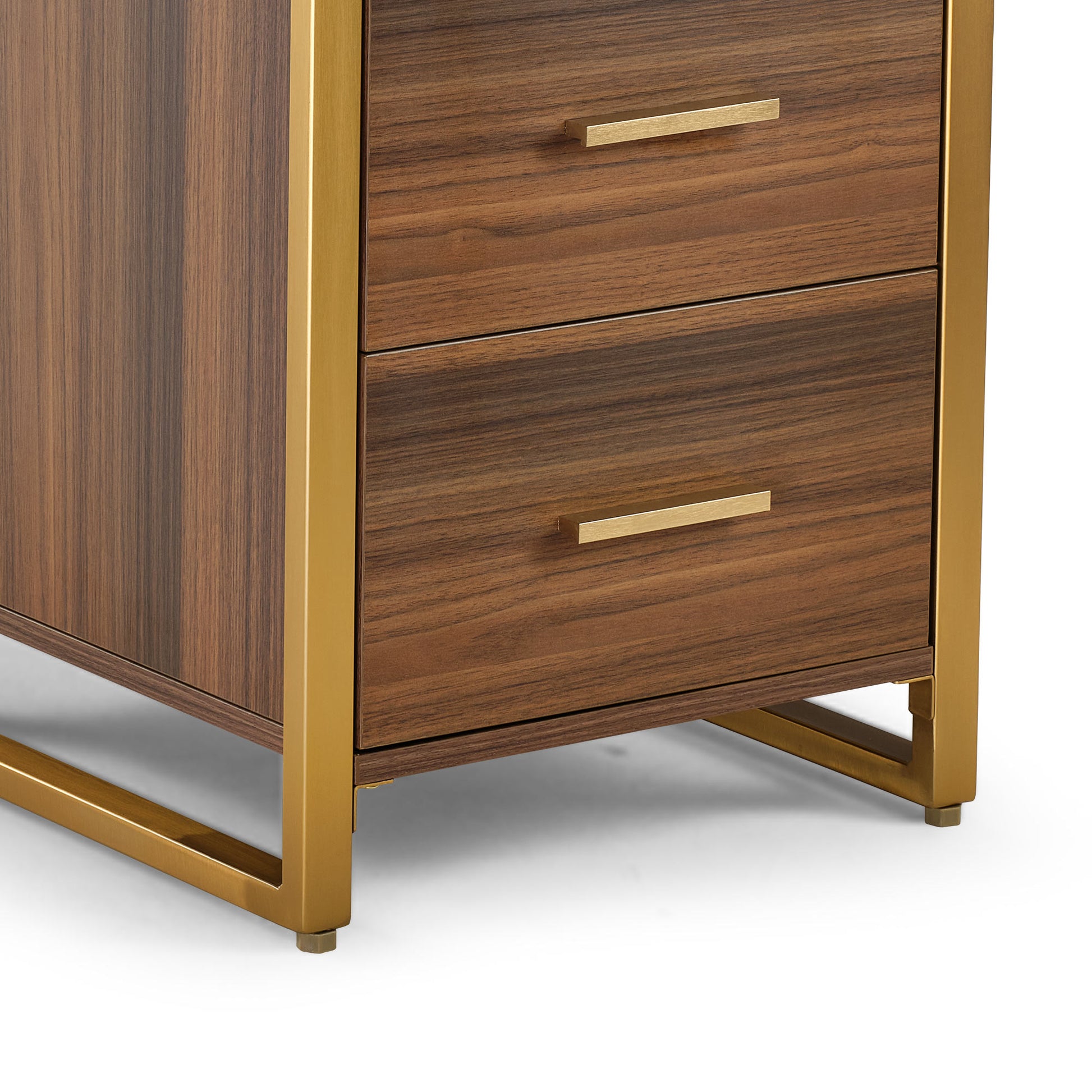 Walnut Four-Drawer File Cabinet With Gold Metal Accents, Office Storage.