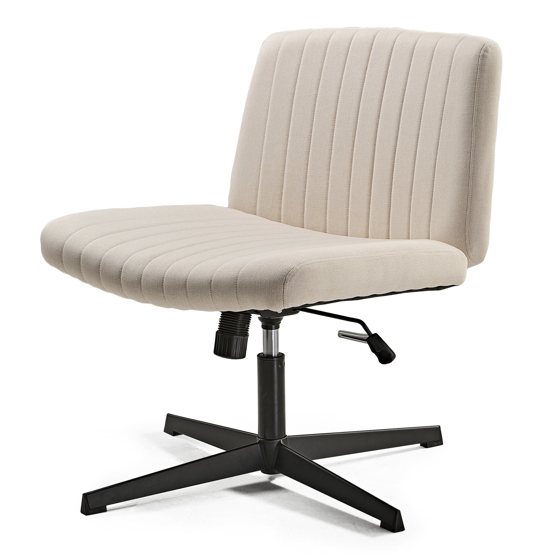 Adena Swivel Lounge Chair, Cream Linen Blend Fabric With Ergonomic Design and Black Base.