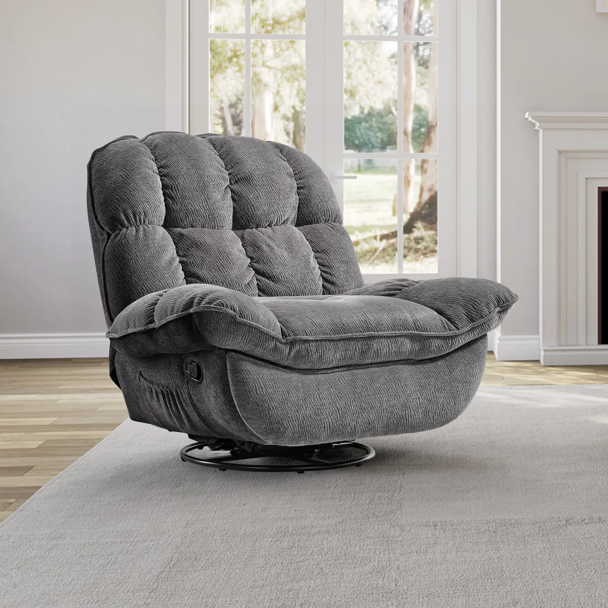 Grayson Manual Recliner Chair in Gray Chenille Fabric With Swivel Base and Storage.