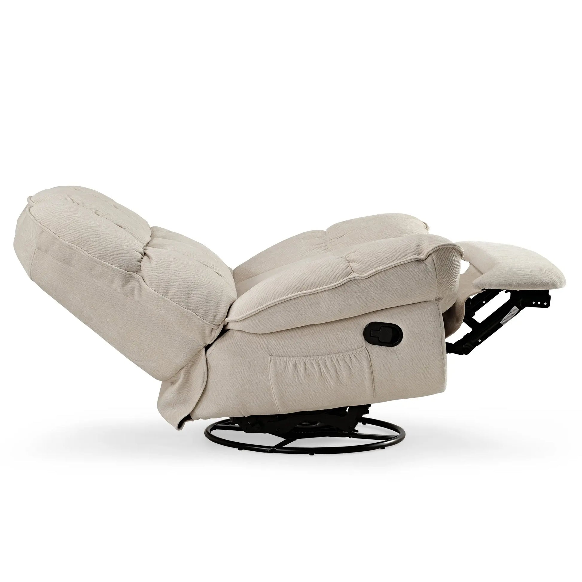 Grayson Manual Recliner Chair in Beige Chenille Fabric, Featuring Swivel Base for Comfort and Easy Reclining.