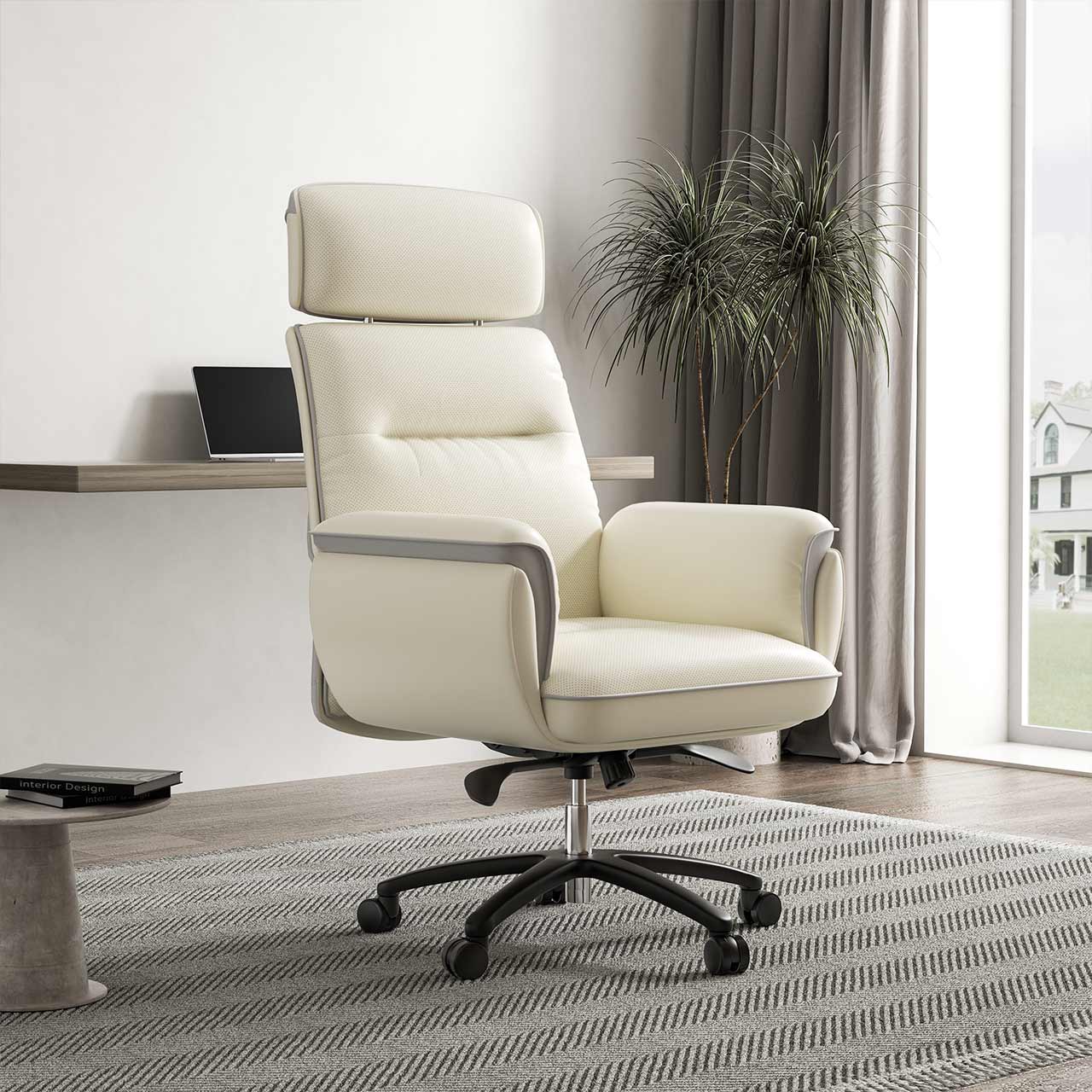 Eureka Royal, comfy leather executive office chair with high back and lumbar support, Beige White, Executive Office, Leather Padded Structure