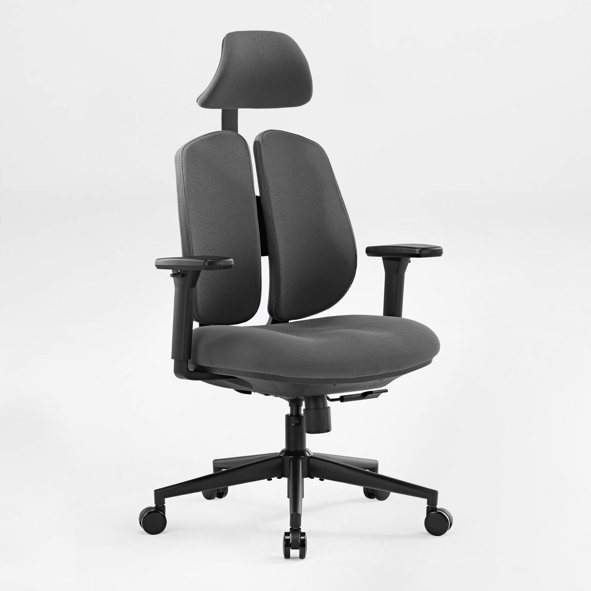 Flex Ergonomic Office Chair in Gray Fabric With Dual Backrests, Black Frame and Headrest.