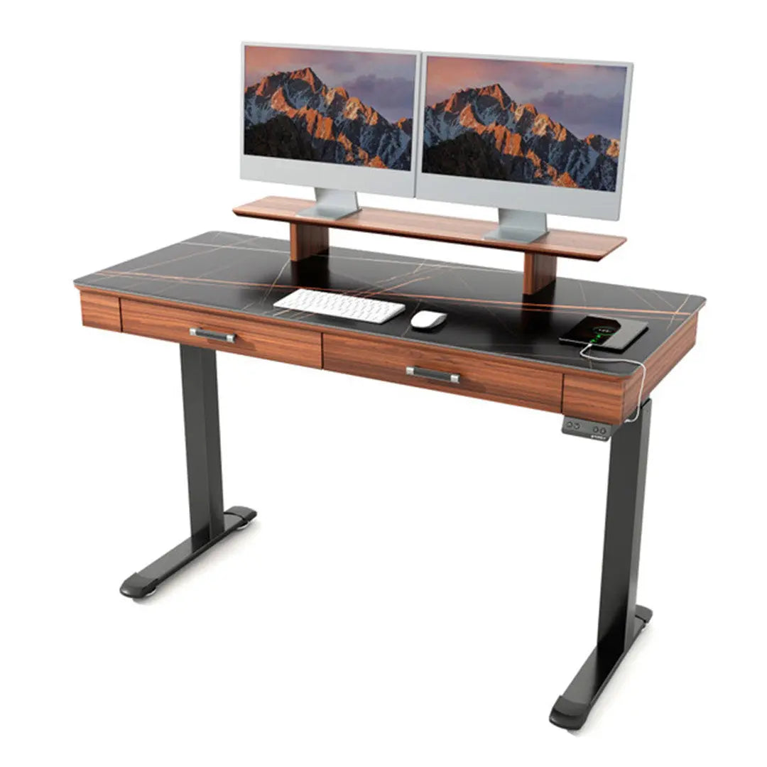 Eureka Ergonomic George Slate Standing Desk With Dual Monitors, Drawers, and Wireless Charging.
