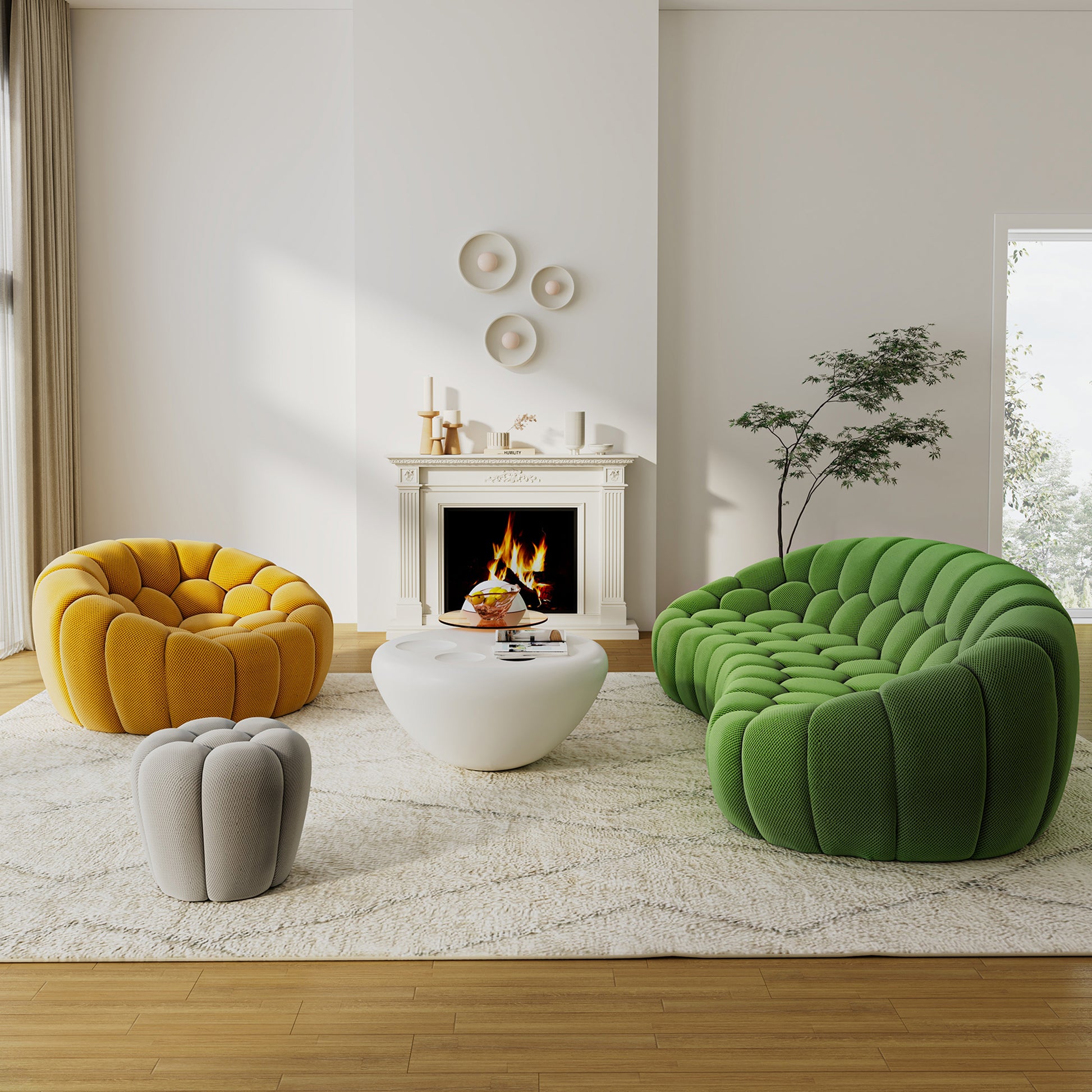 Luca Sofa and Ottoman in a Living Room Setting. Featuring Unique Floral Design and Linen Blend Fabric.