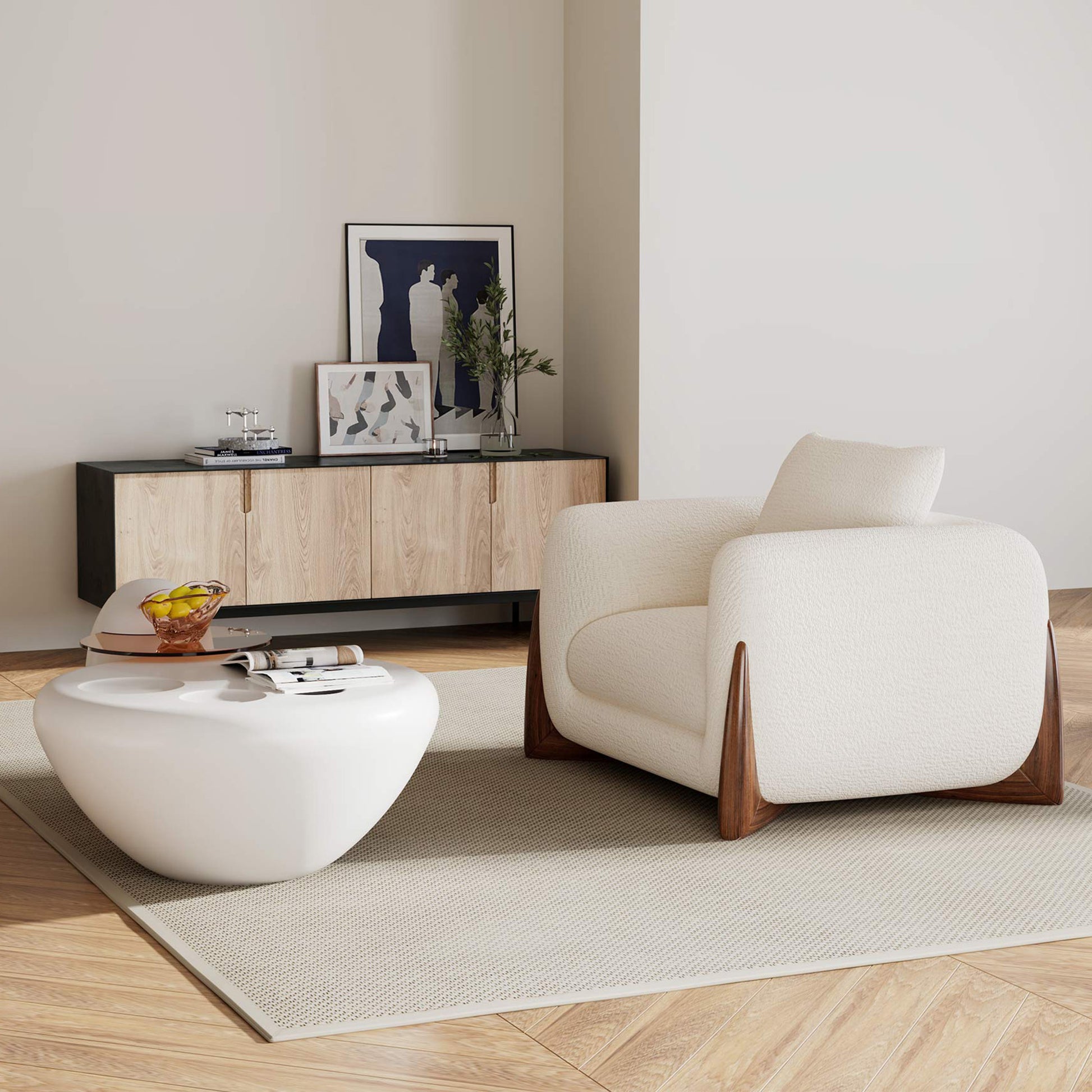 Rowan Accent Chair in Off-White Boucle Fabric With Wooden Legs in a Modern Living Room Setting.