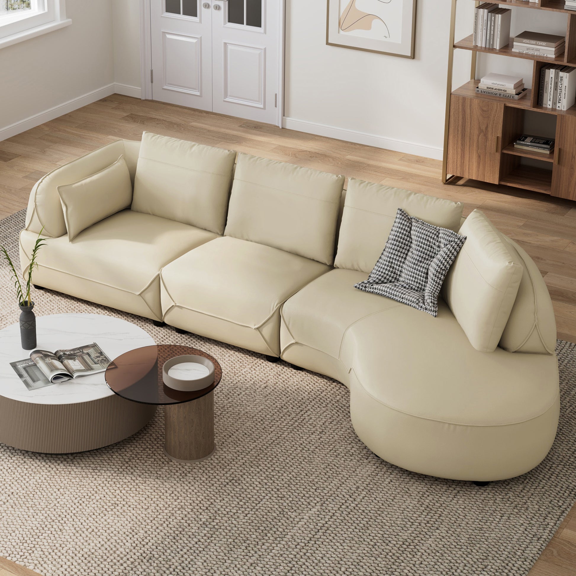 Leah Curved Couch Sofa in Beige Leather, Minimalist Living Room Decor.