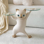 Enchanting Cat Side Table, Beige Cat-Shaped Design With Dual Glass Trays for Home Decor.