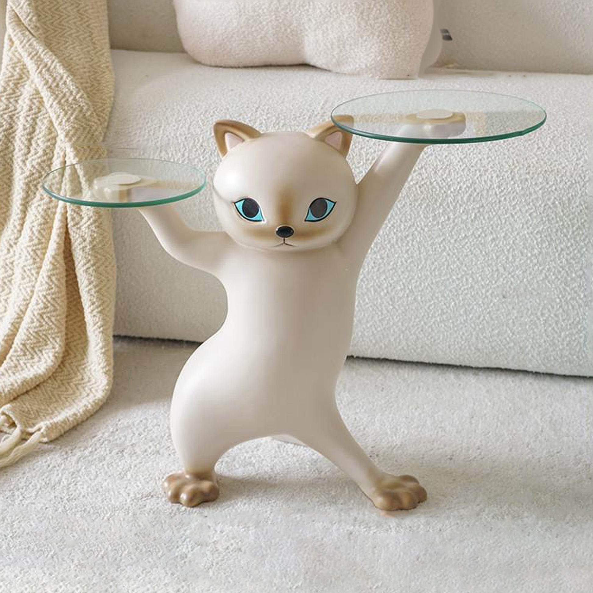 Enchanting Cat Side Table, Beige Cat-Shaped Design With Dual Glass Trays for Home Decor.