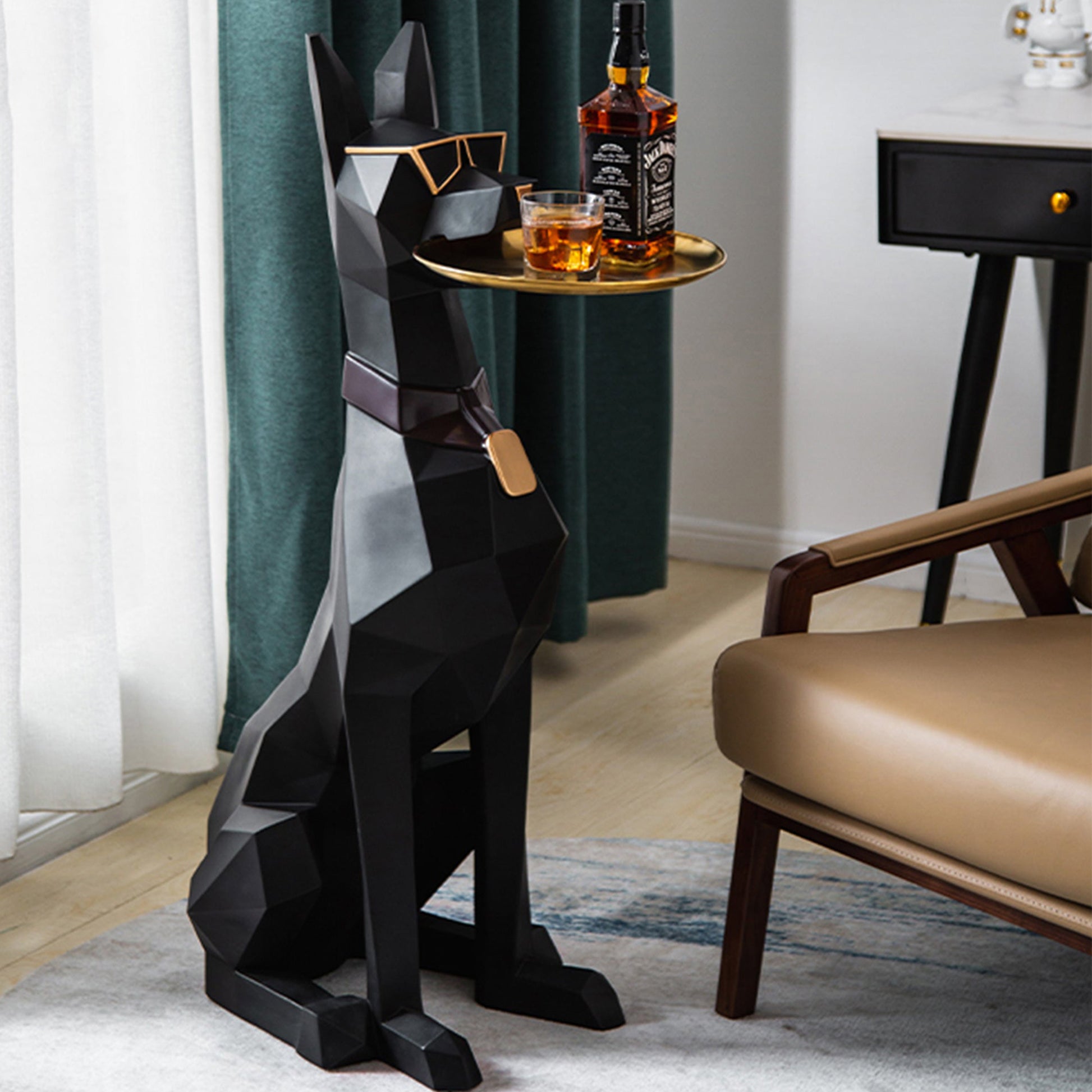 Geometric Black Doberman Dog Side Table With Whiskey Tray, a Stylish and Functional Addition to Any Living Space.