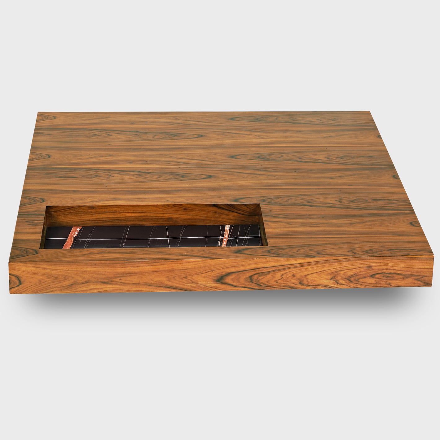 47 Square Solid-Wood Coffee Table With Sunken Desktop, Minimalist Design, Brown Wood Grain.