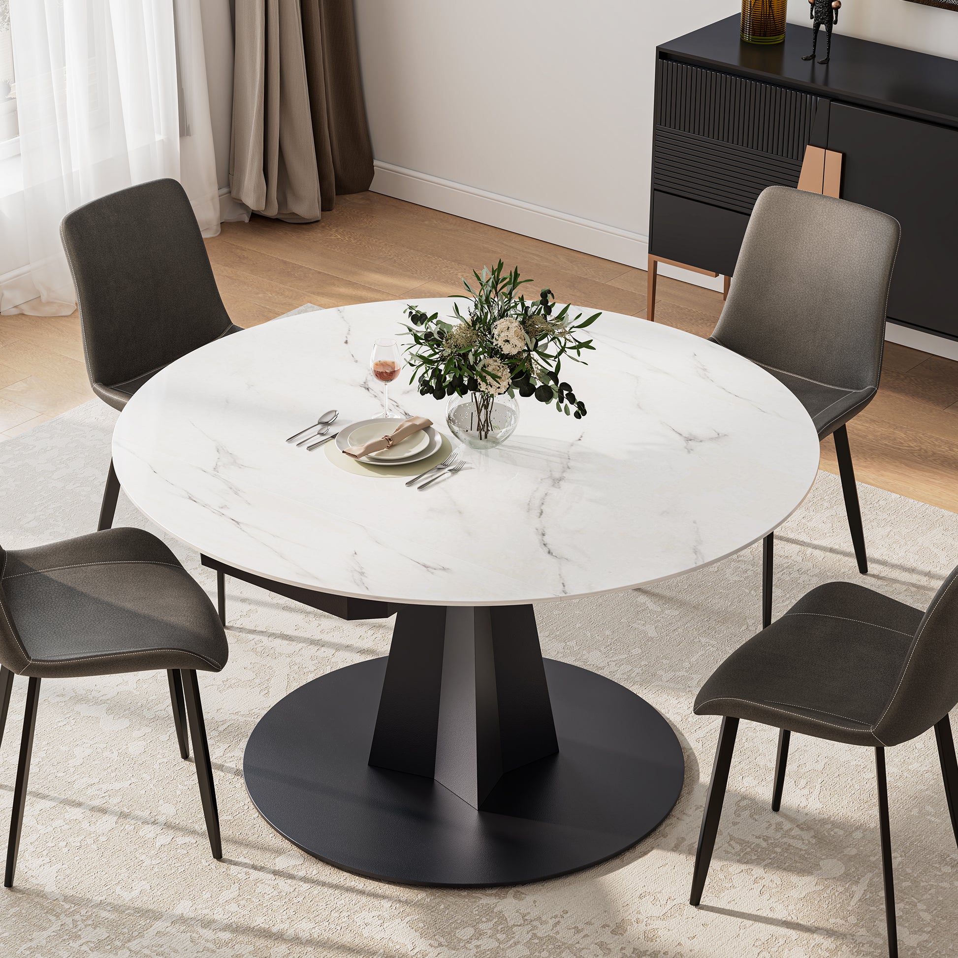 Amelia Round Extending Dining Table, White Granite Top, Black Base, Grey Chairs, Ideal for Dining.