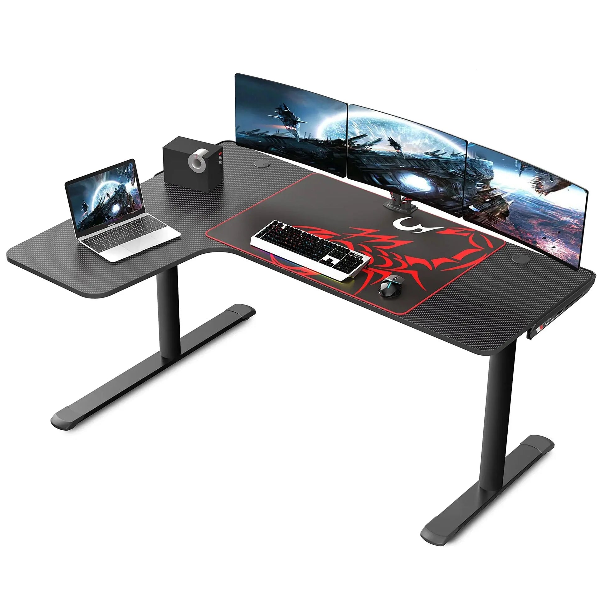 Black L-Shaped Gaming Desk With Triple Monitors and Gaming Setup, Ergonomic Design.