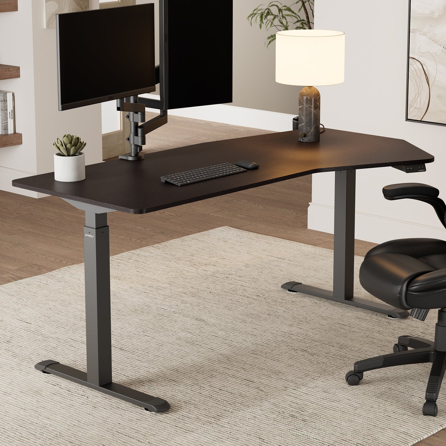 Eureka Ergonomic Heptagon Standing Desk With Dual Monitors and Ergonomic Chair. Modern Home Office Setup.