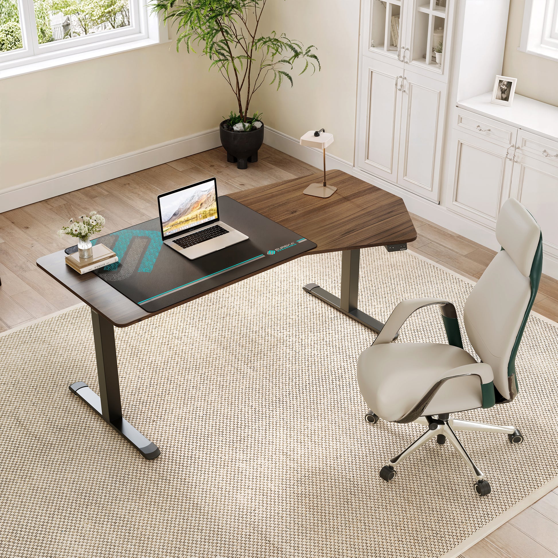 Eureka Ergonomic Heptagon Standing Desk With Ergonomic Chair. Modern Home Office Setup, Wood Veneer Finish.