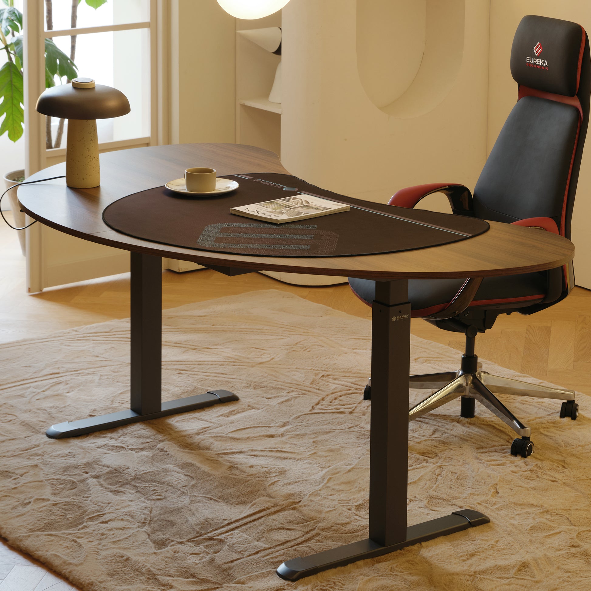 Eureka Ergonomic Cashew Shape Standing Desk With Ergonomic Chair in Modern Home Office Setup.