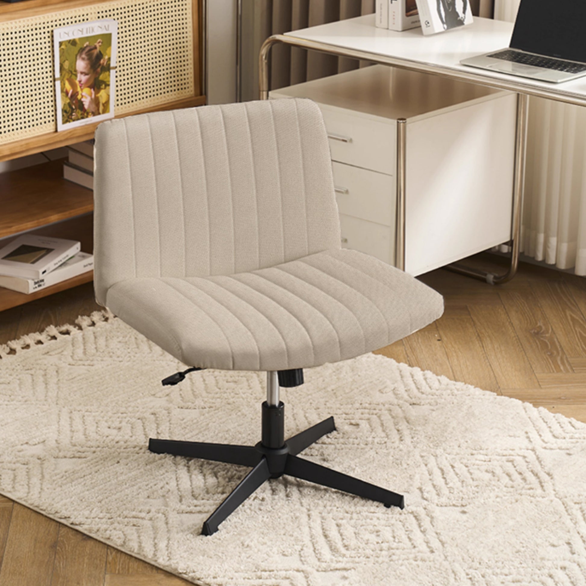Adena Swivel Lounge Chair, Cream Linen-Blend Fabric, Black Base, Ergonomic Office Chair.
