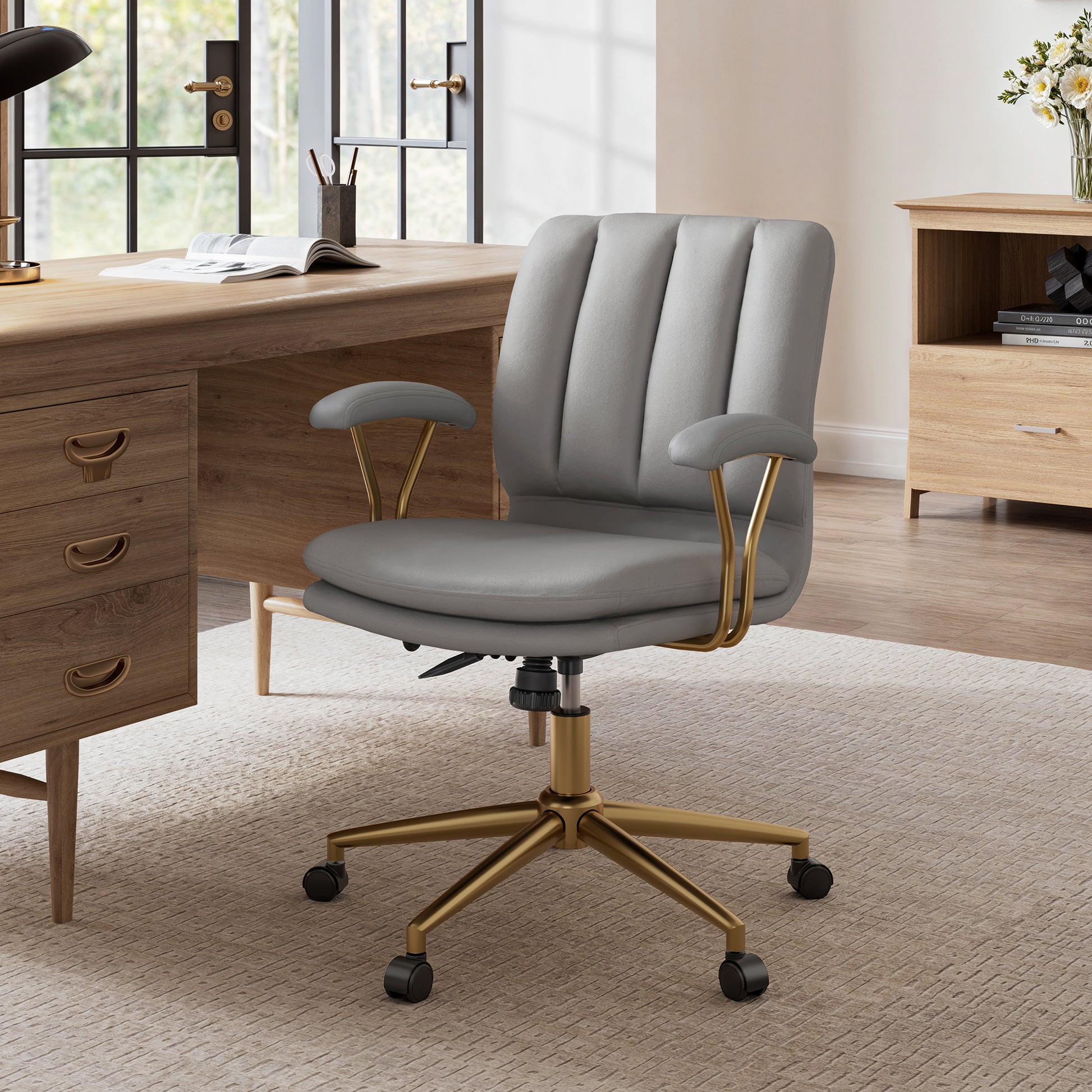 Gray Adena Velvet Office Chair With Gold Base in a Modern Office Setting.