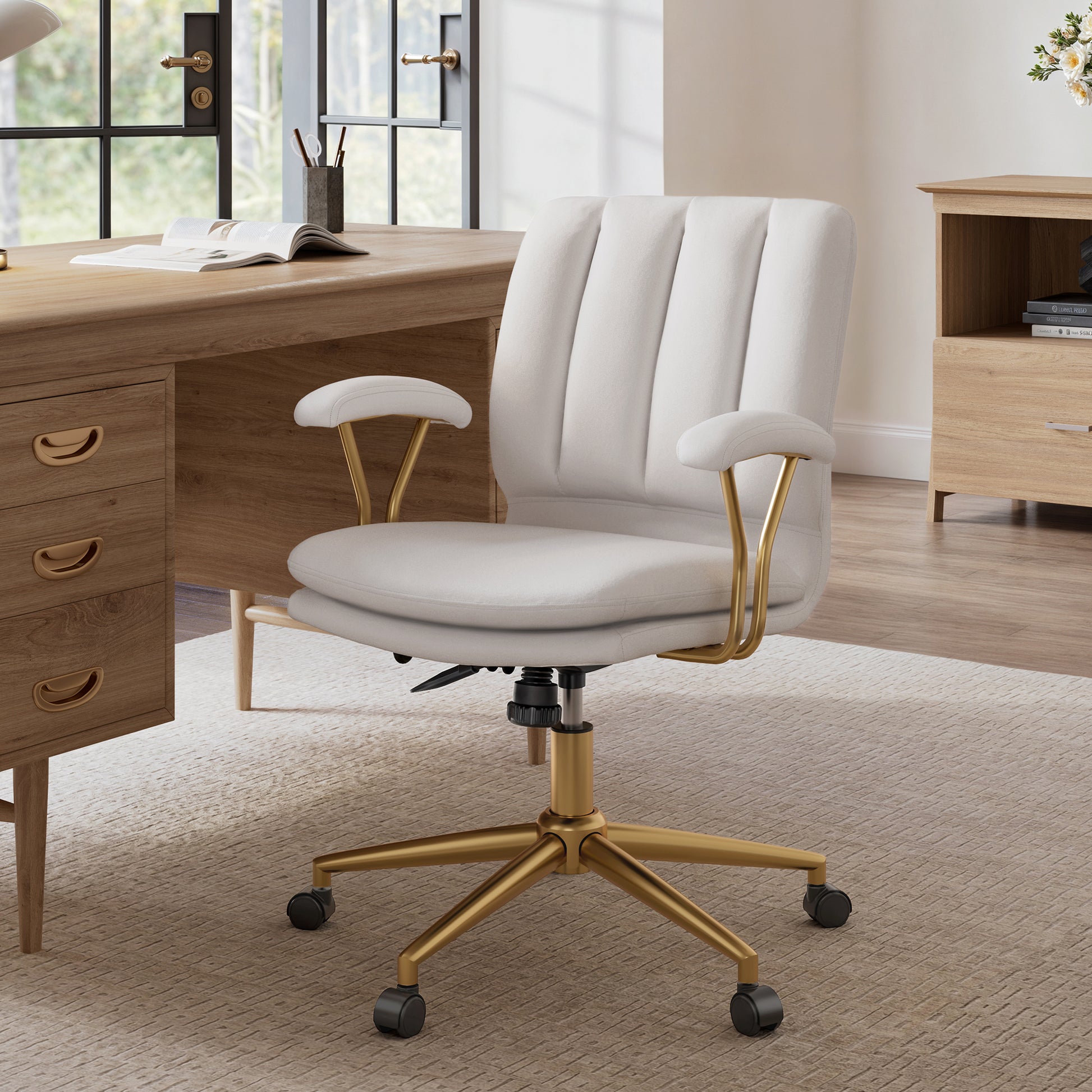 Adena Velvet Office Chair With Gold Base, White Velvet Upholstery, Glamorous Home Office Design.