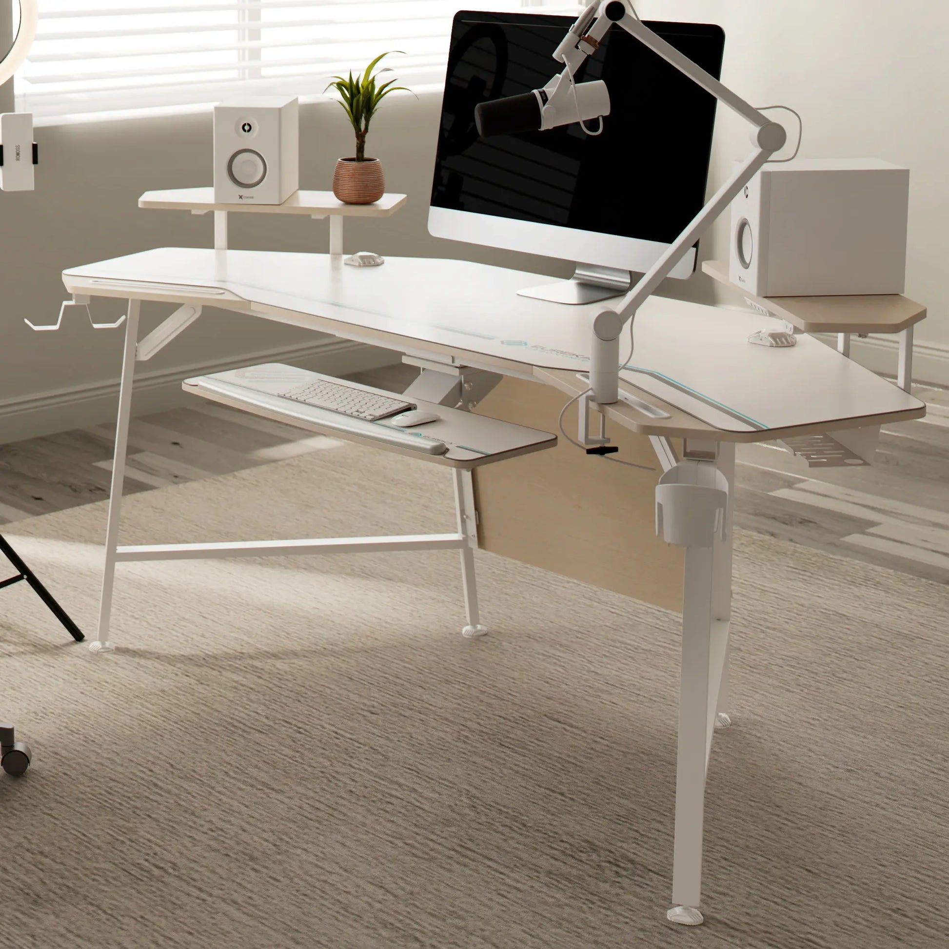 Eureka Ergonomic Aero Wing Studio Desk With Integrated Accessories and Streaming Setup, White and Wood Design.