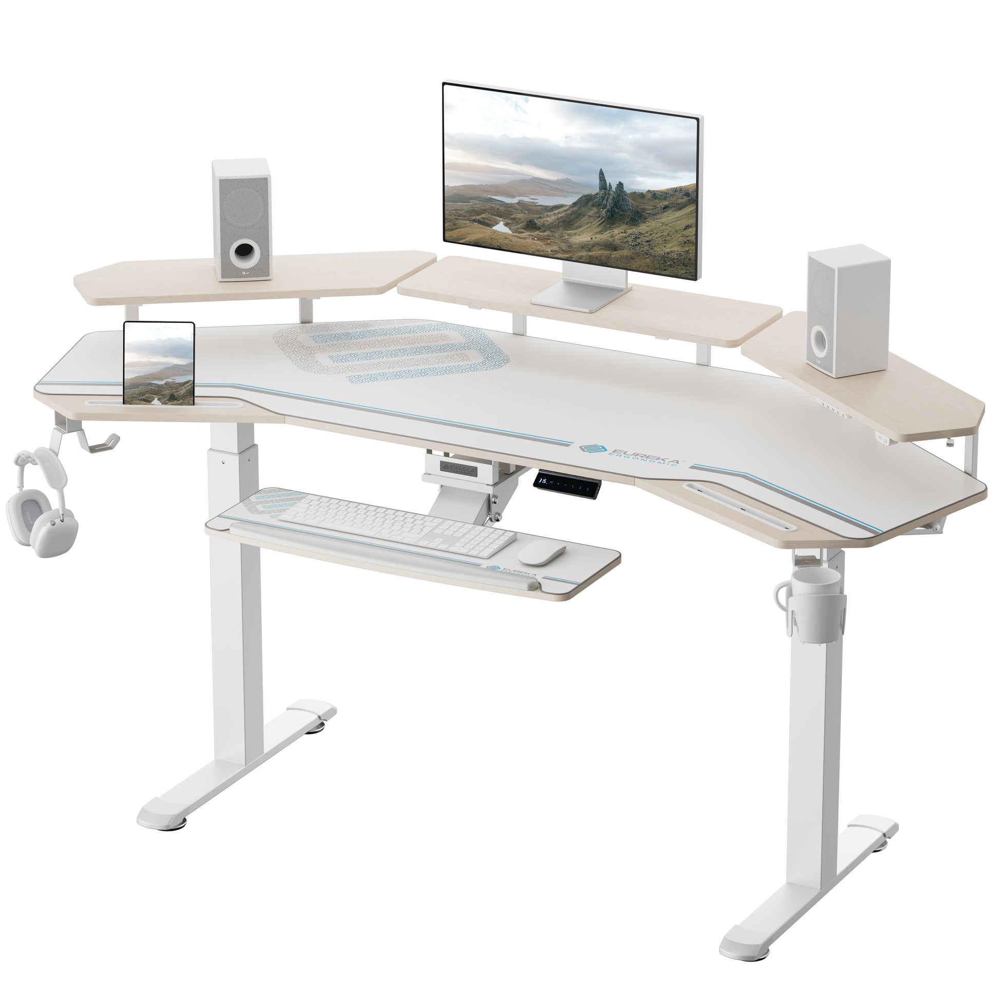 Eureka Ergonomic Aero Pro Wing-Shaped Standing Desk Setup With Accessories, Ergonomic Design, and Monitor.