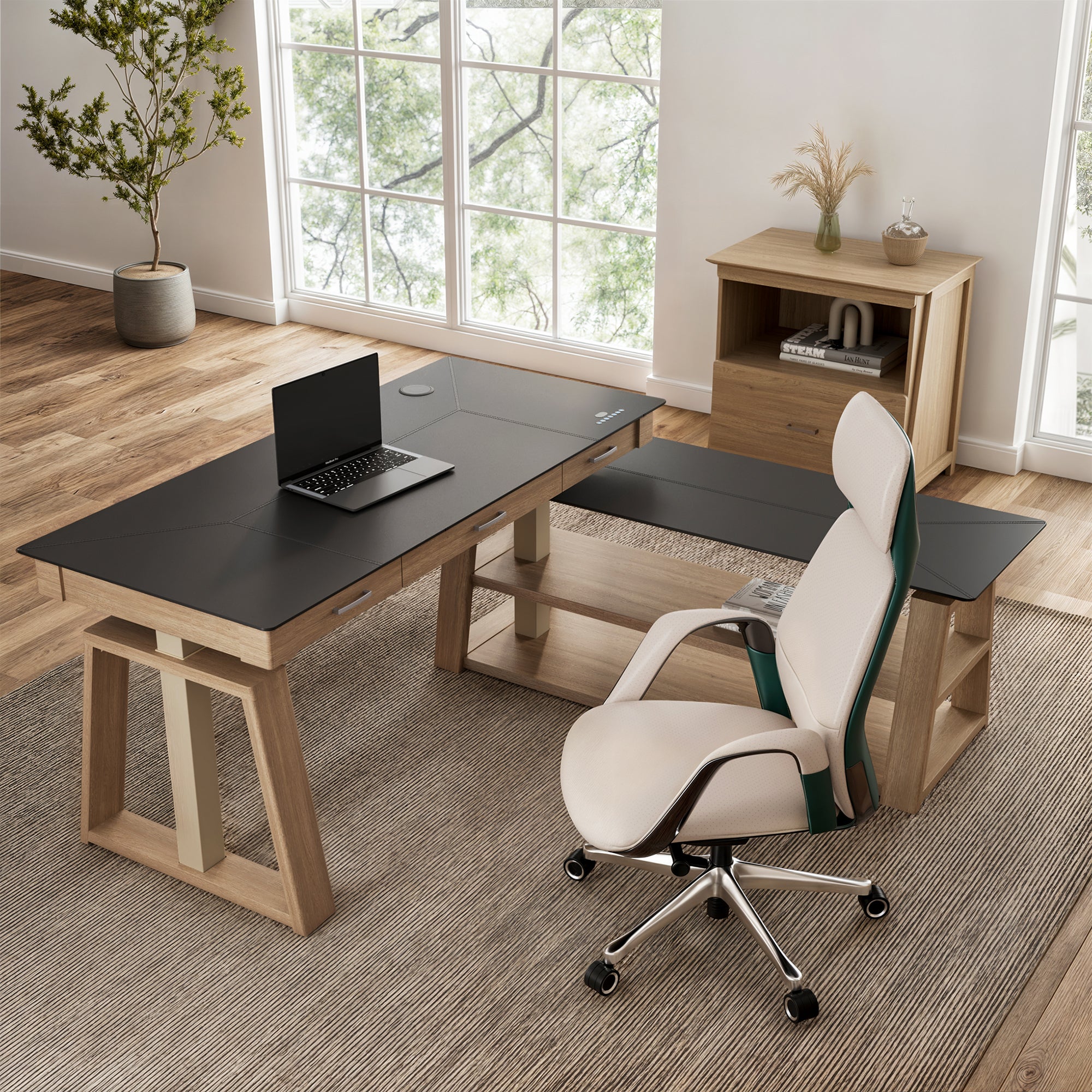 Ark Ex Standing Desk in an Office Setting With Ergonomic Chair.