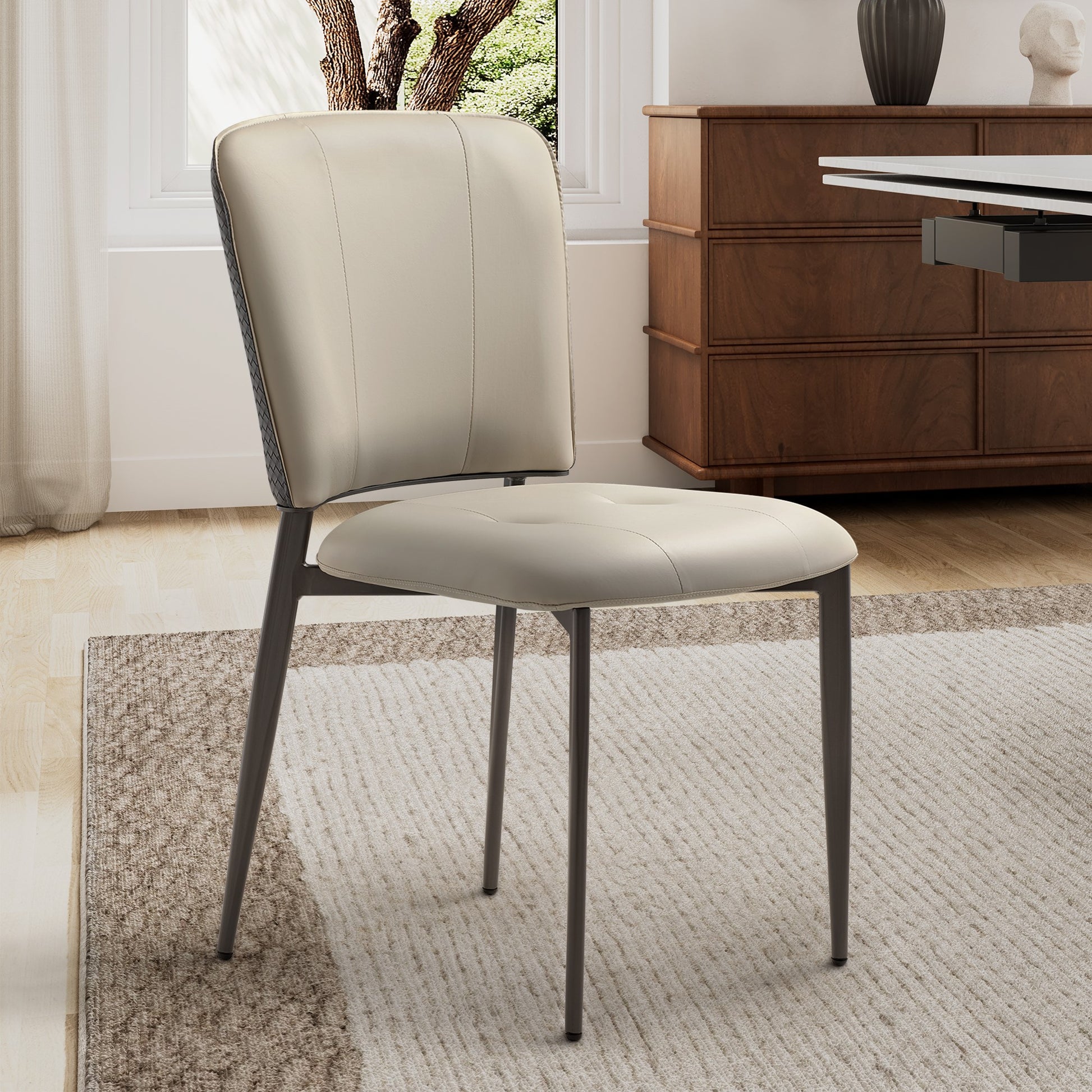 Aspen Upholstered Dining Chair, Off-White Leather, Black Metal Frame, Dining Room Furniture.