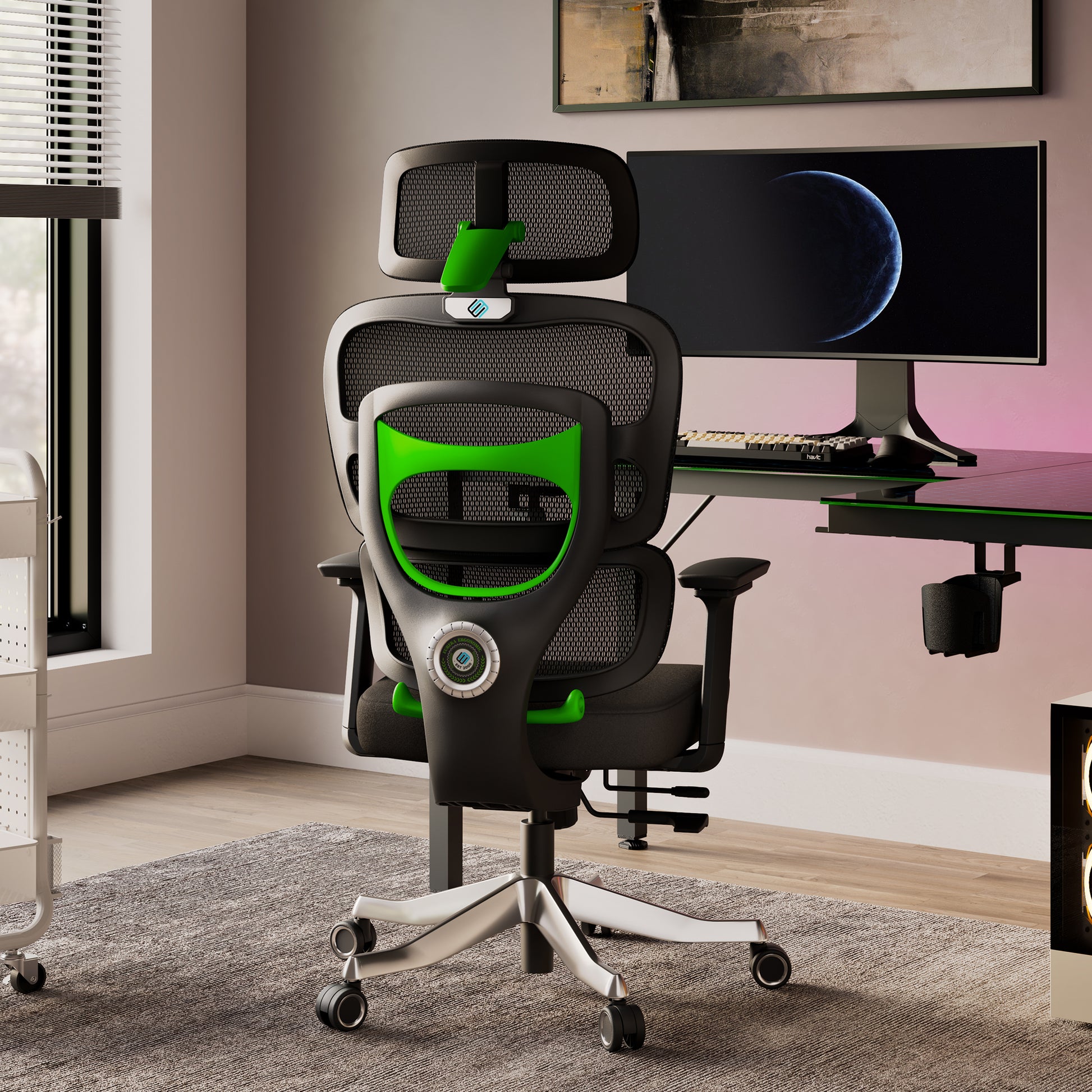 Axion Ergonomic Hybrid Chair in Modern Home Office Setup With Black Mesh and Green Accents, Ergonomic Design for Gaming.