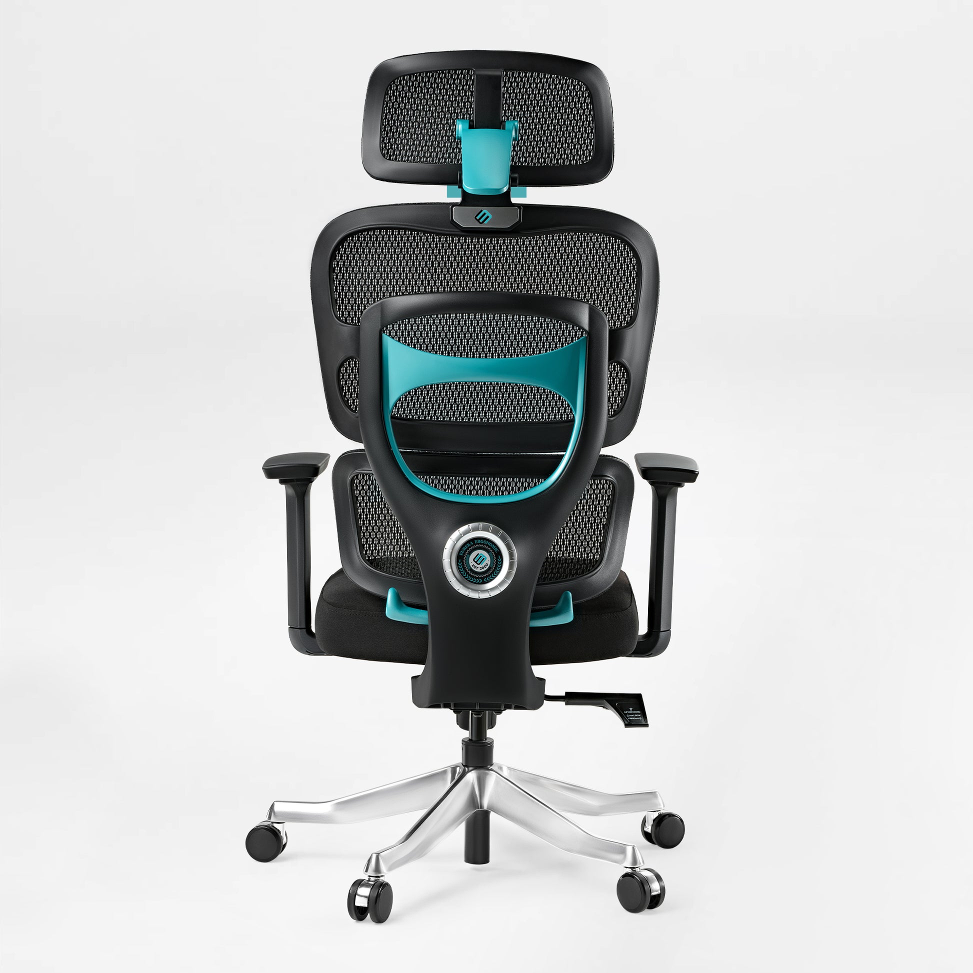 Axion Ergonomic Hybrid Chair, Mesh Back and Teal Accents, Ergonomic Gaming Chair. Blue Fabric