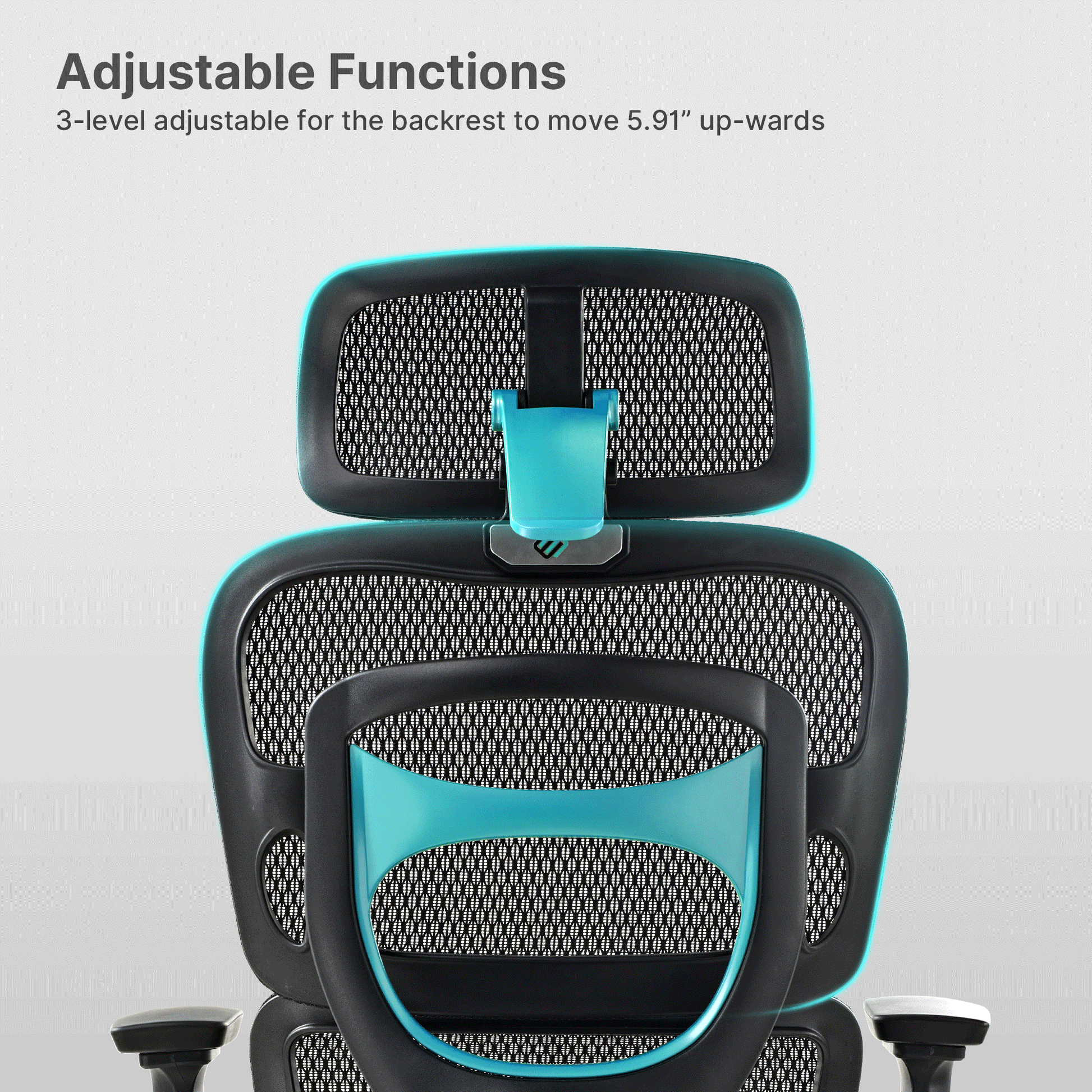 Axion Ergonomic Chair Backrest, Black Mesh, Teal Accents, Adjustable Headrest Feature.
