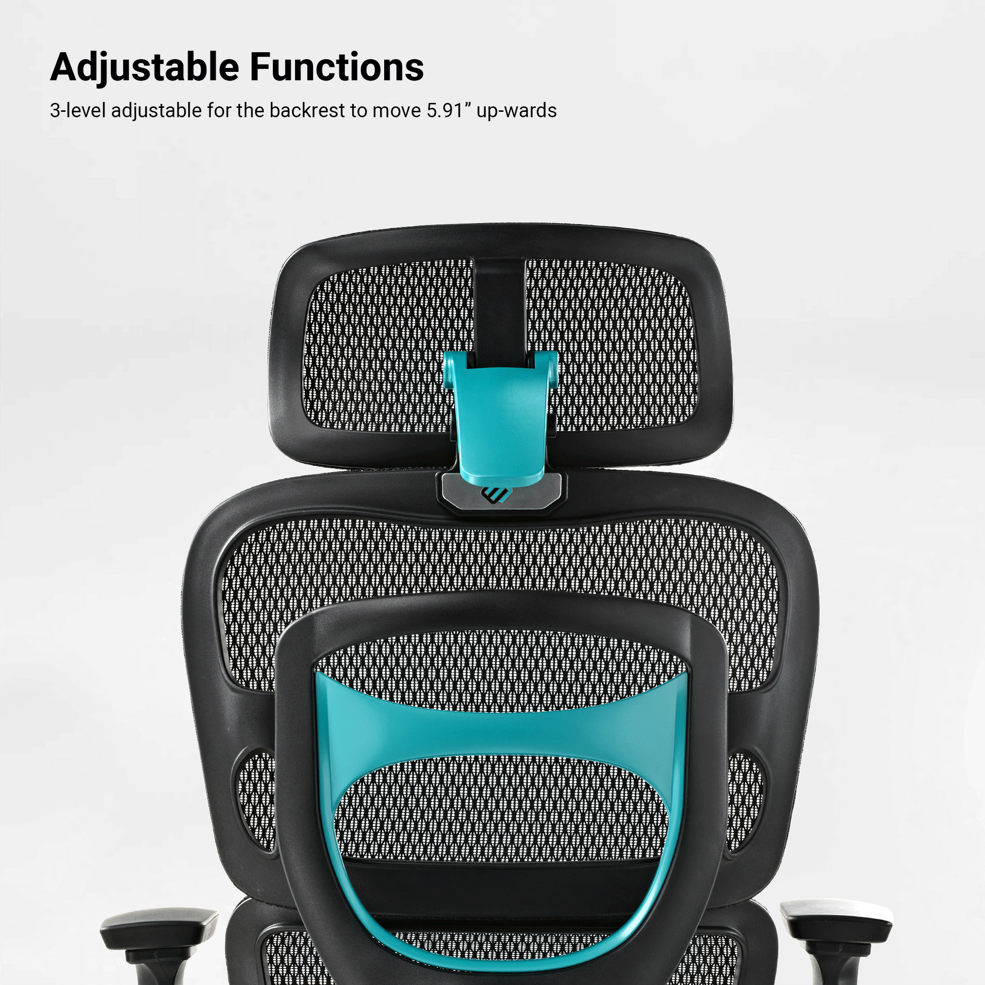 Axion Ergonomic Chair Backrest, Black Mesh, Teal Accents, Adjustable Headrest Feature.
