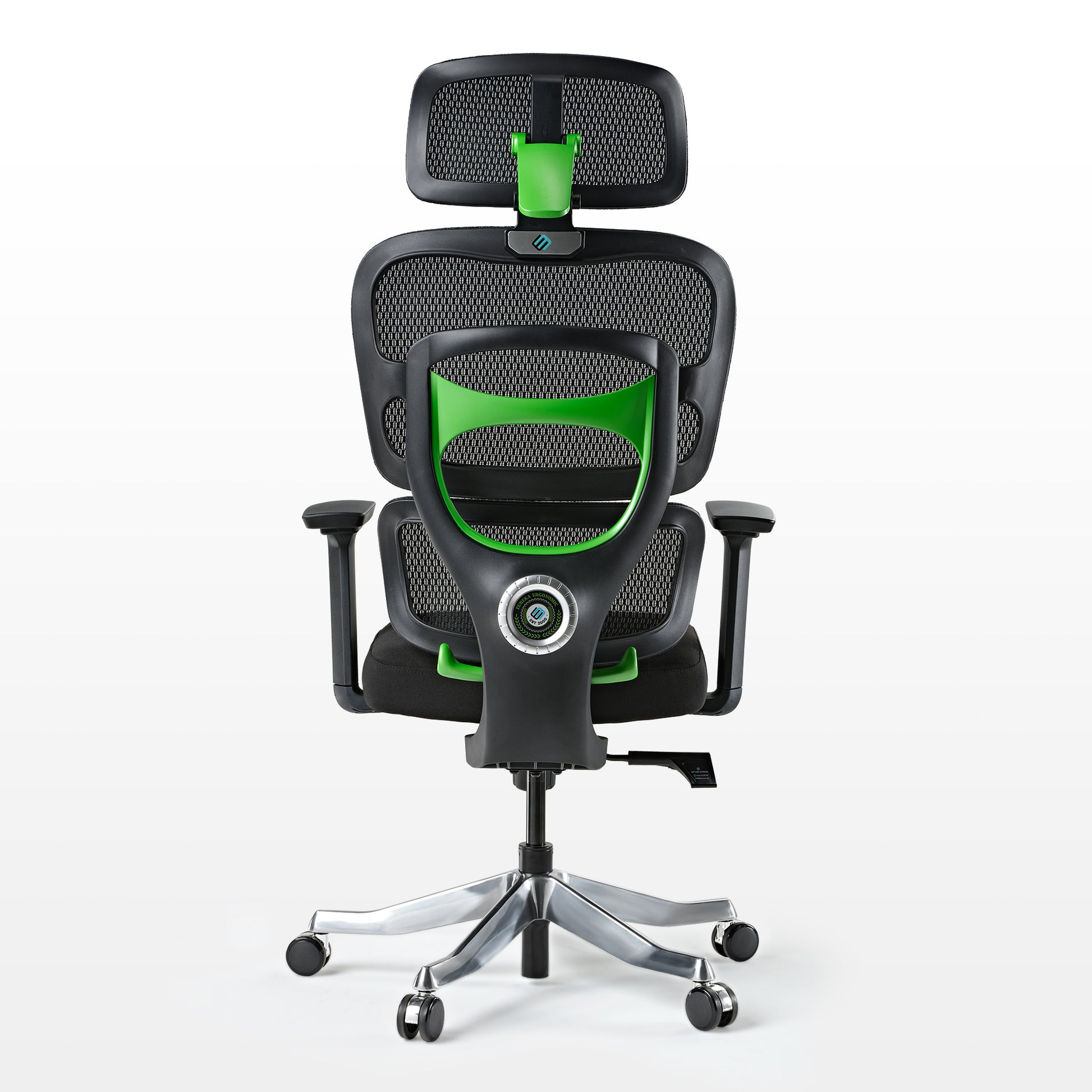 Axion Ergonomic Hybrid Chair, Black Mesh Back and Green Accents, Ergonomic Design, Featuring Eureka Ergonomic Logo.