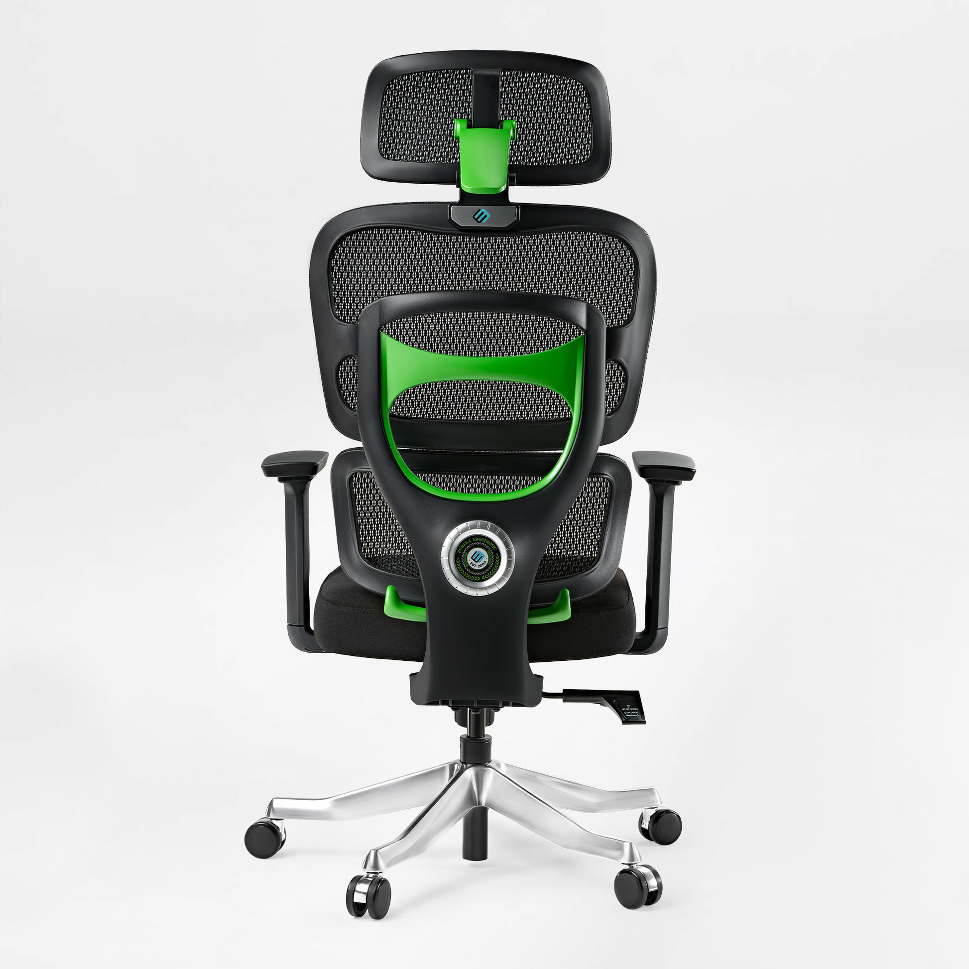 Axion Ergonomic Hybrid Chair, Black Mesh Back and Green Accents, Ergonomic Design, Featuring Eureka Ergonomic Logo.