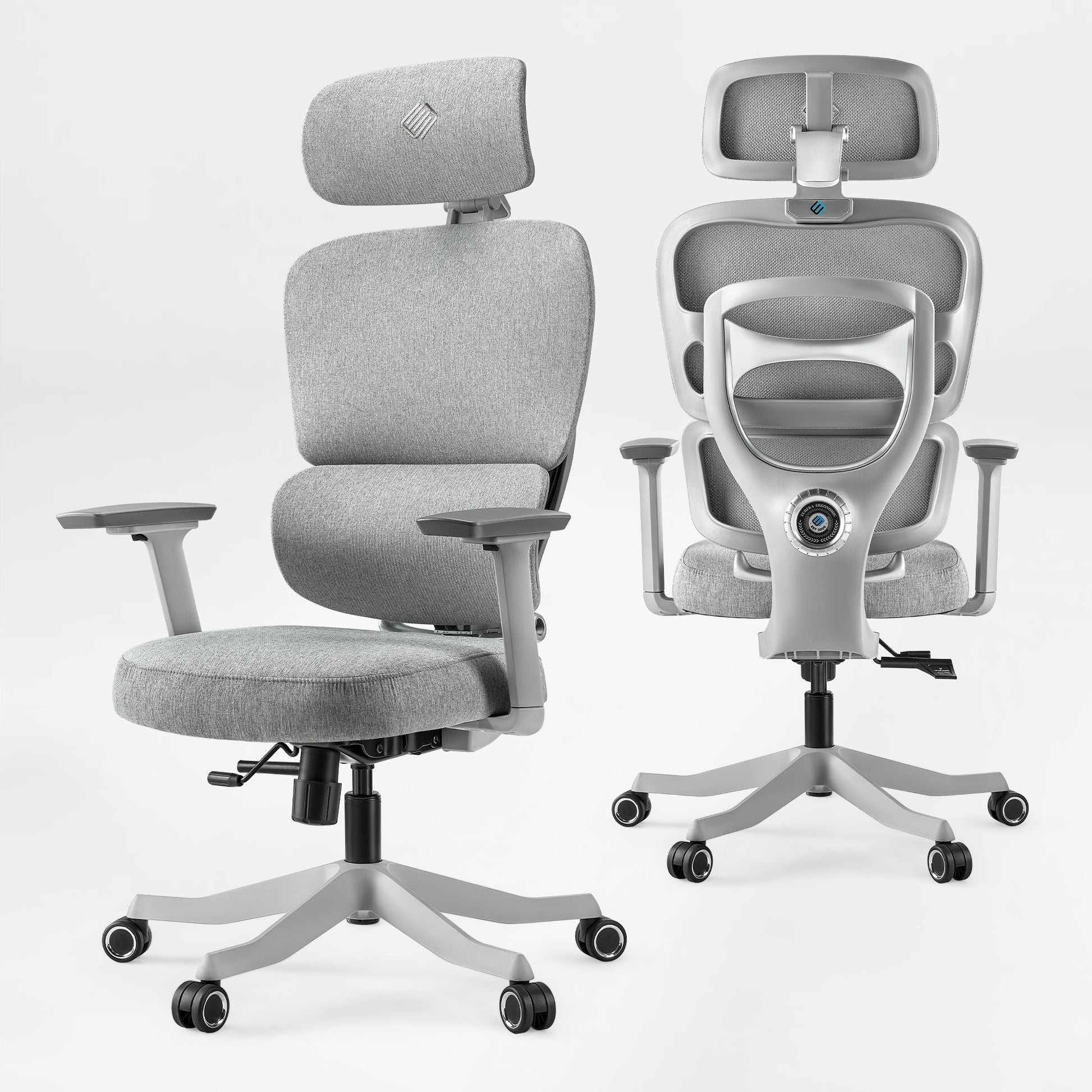 Eureka Ergonomic Axion chair front and back view on white background, Silver Gray, Fabric