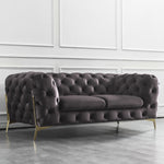 Beverly Loveseat Sofa With Navy Velvet Upholstery and Rose Gold Legs.