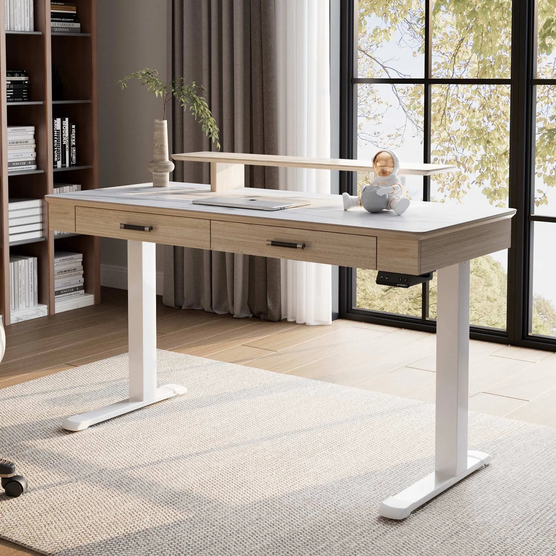 Eureka Ergonomic George Slate Standing Desk in Modern Home Office, Dual Drawers, Height Adjustment Panel.