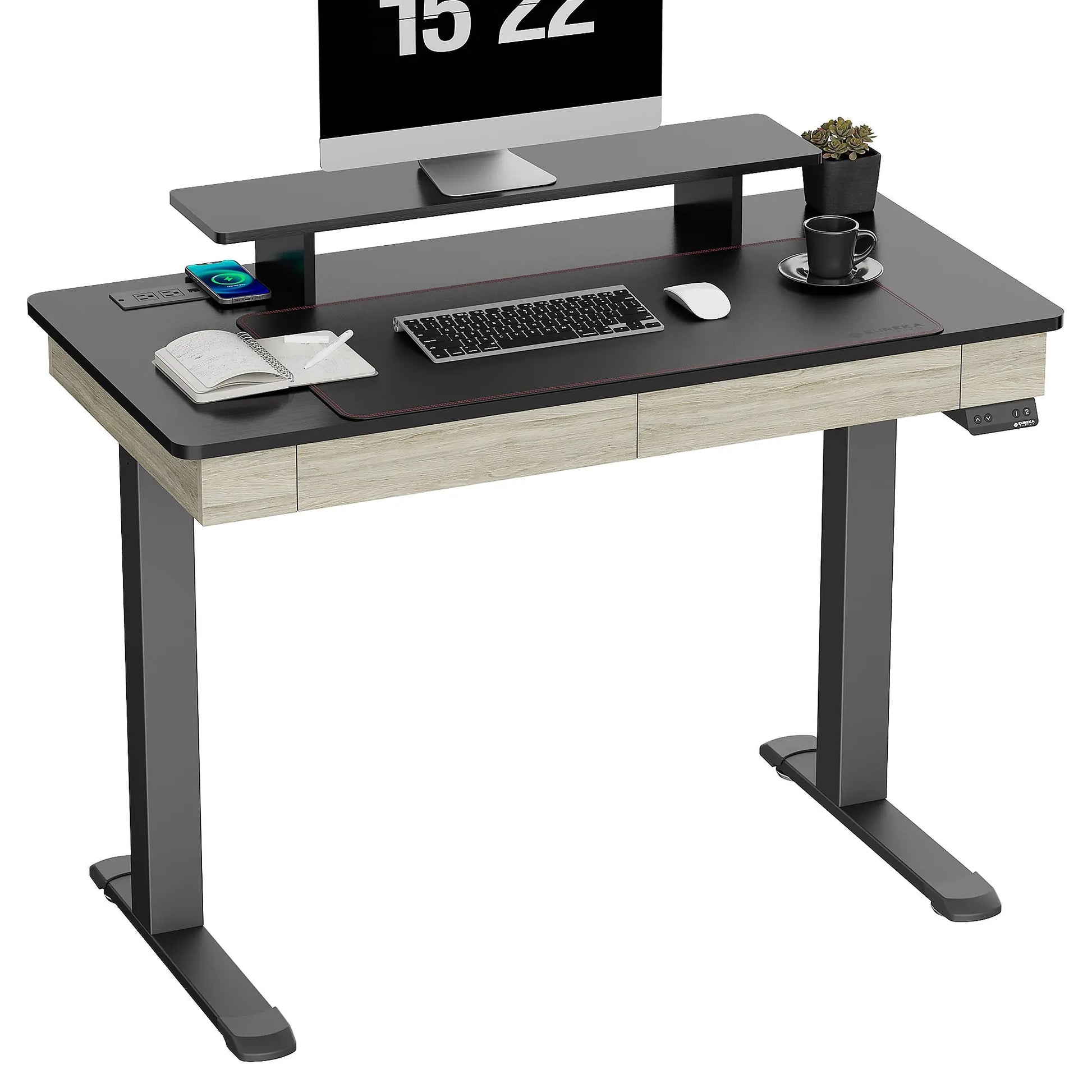 Eureka Ergonomic Standing Desk With Drawer, Wood Finish, Black Top, Monitor and Accessories Setup, Ergonomic Home Office.