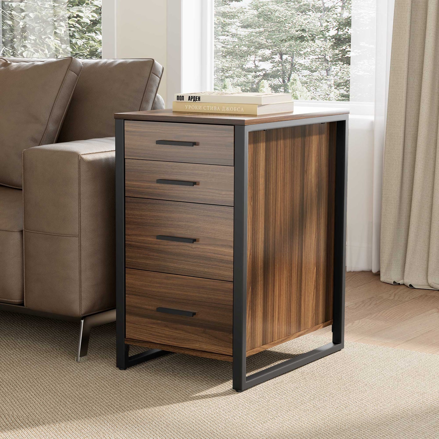 Walnut Wood and Metal File Cabinet, Four-Drawer Storage, Office Furniture.
