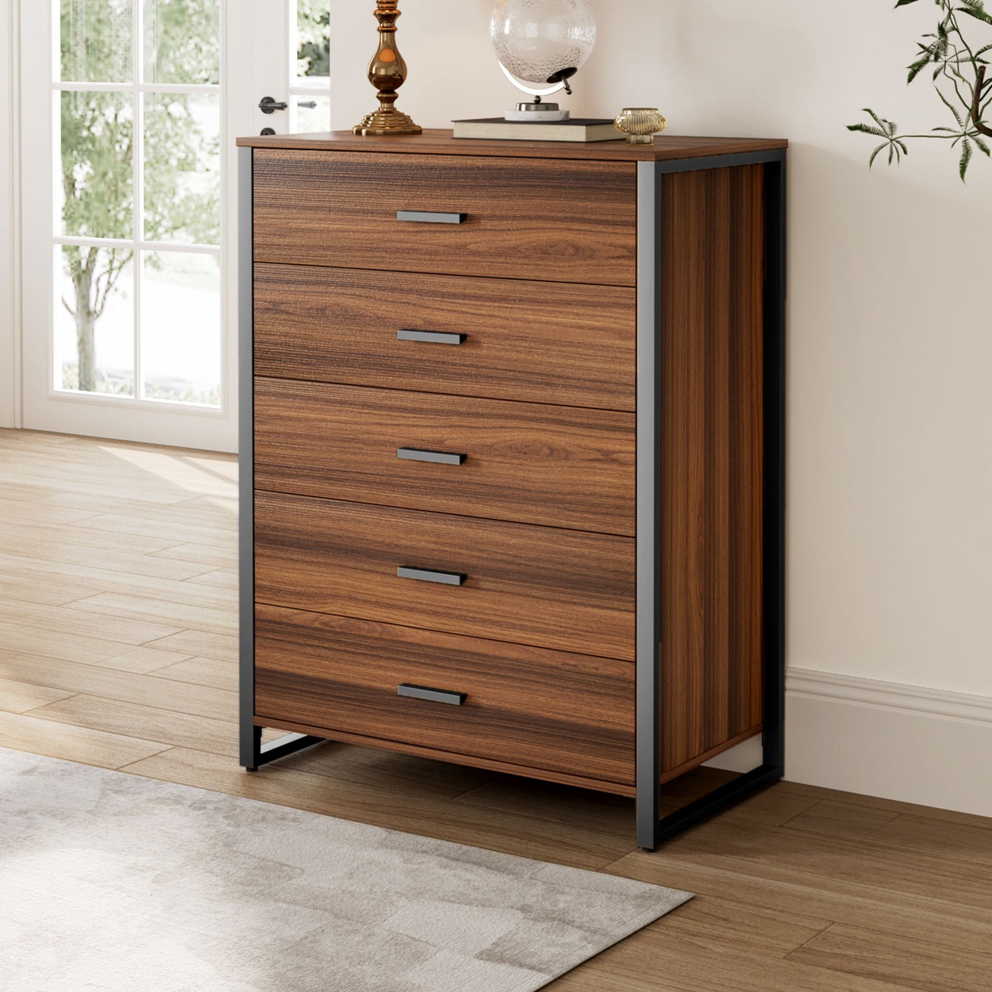 42 Walnut 5-Drawer Dresser - Modern Bedroom Storage Cabinet With Black Metal Frame.