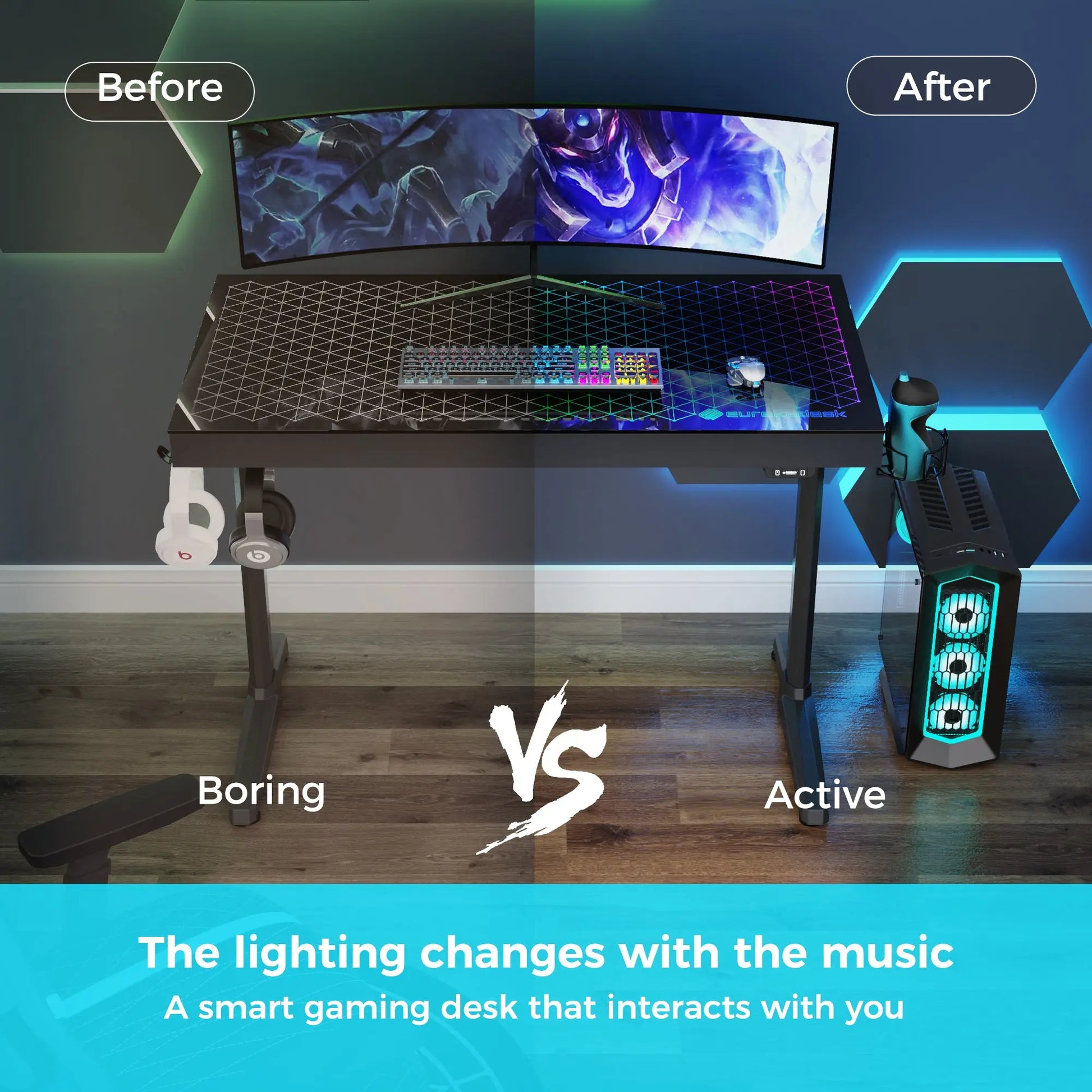 Eureka Ergonomic GTG-I43 Rgb Gaming Desk - Before & After With Dynamic Lighting.