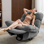 Grayson Manual Recliner Chair in Gray Chenille Fabric, Woman Enjoying Comfort With Headphones On.