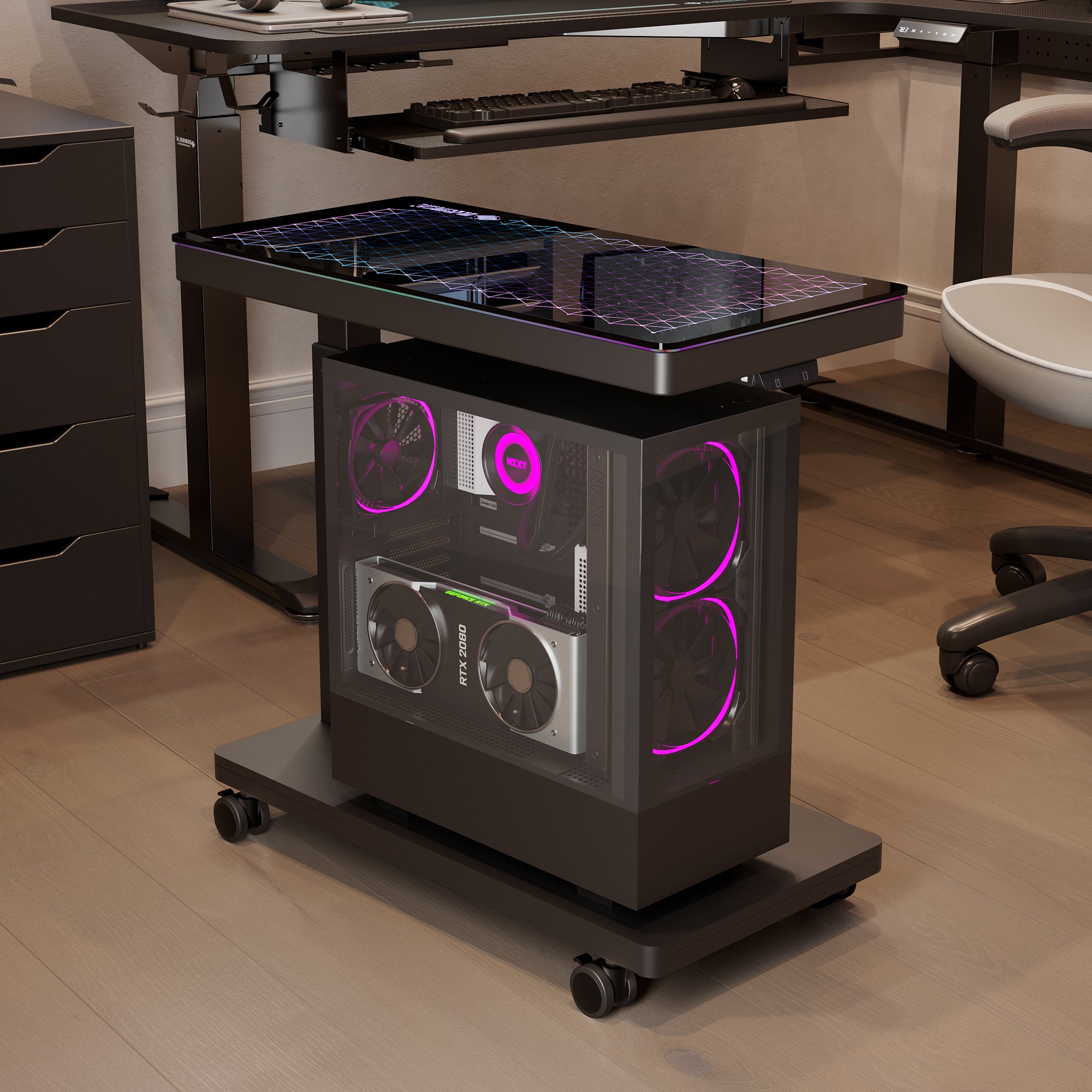 Height-Adjustable Illuminated Panel Cpu Cart With Rtx 2080 Gpu and Pink Lighting for a Modern Workspace.