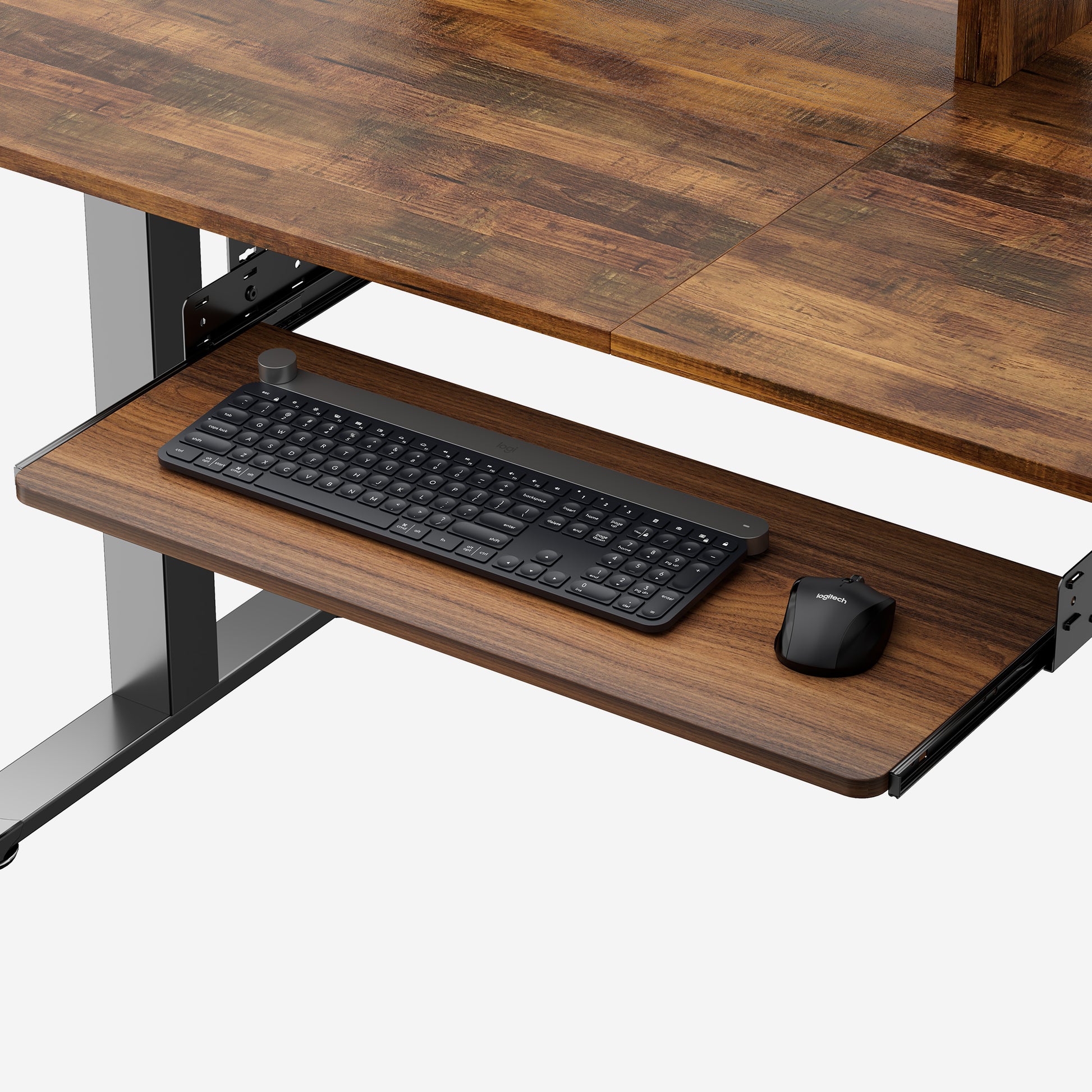 Eureka Ergonomic Pull-Out Keyboard Tray With Logitech Keyboard and Mouse, Walnut Finish for Ergonomic Desks.