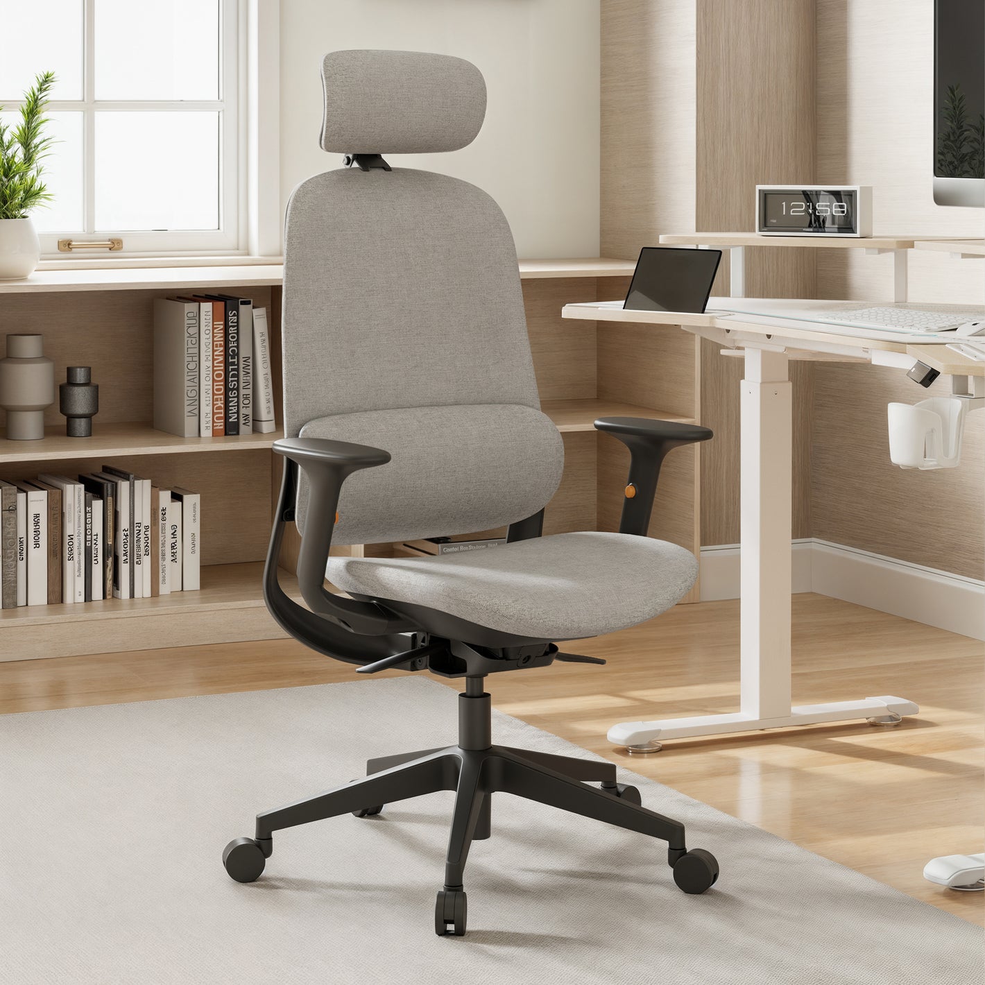 Eureka Ergonomic Skylar modern mesh office chair with light gray seat and headrest in a contemporary home office.