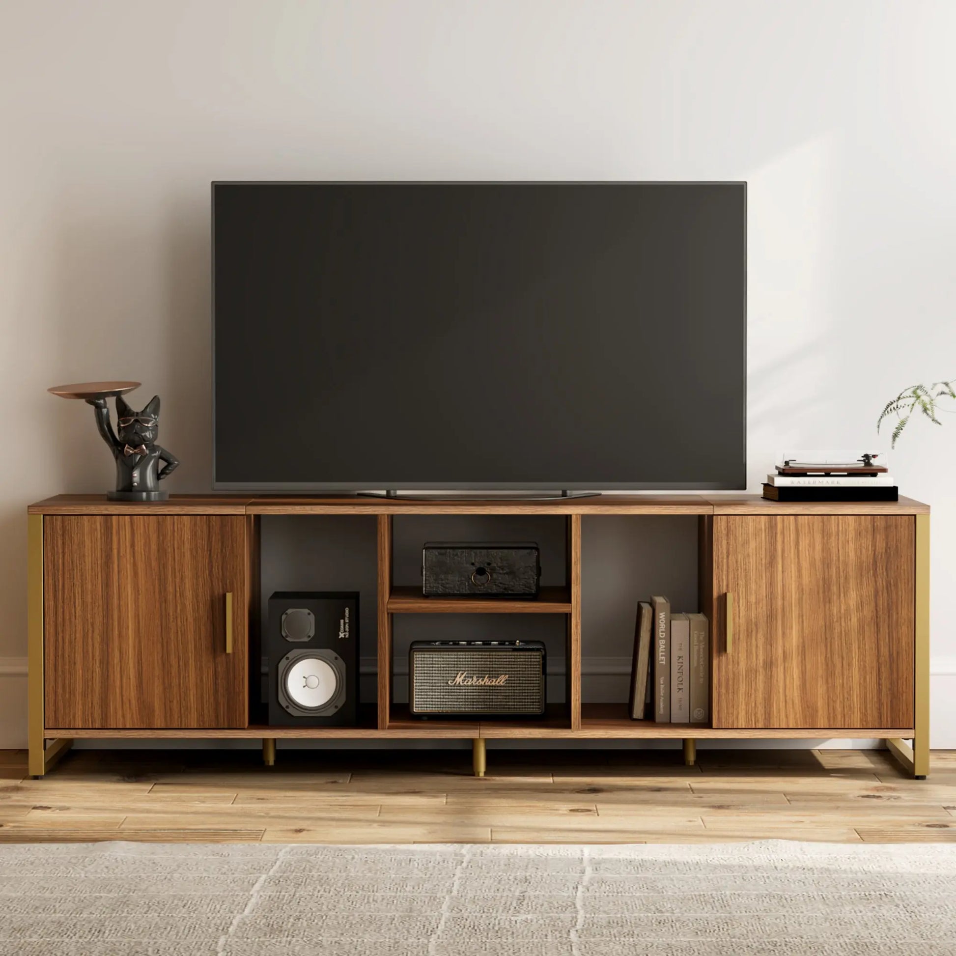 Sonoma 70 Tv Stand Media Console, Wood Grain Finish With Gold Accents, and Modern Decor.
