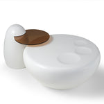 Modern White Cat Claw Coffee Table Set With Penguin Side Table and Brown Glass Top.