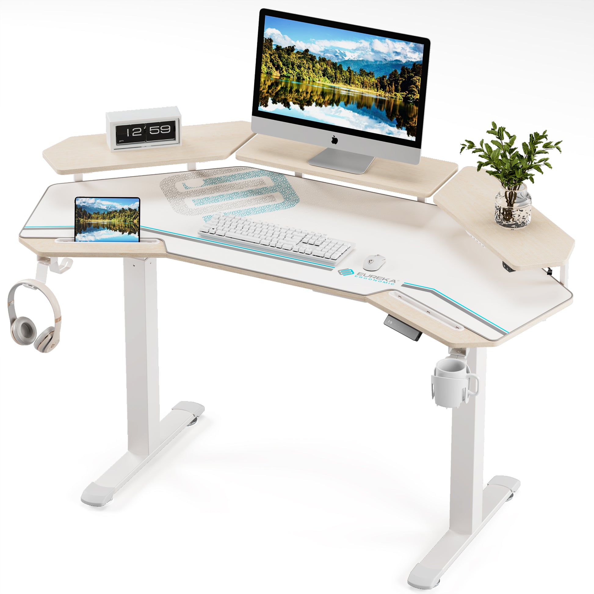 Eureka Ergonomic Aero Pro Wing Shaped Standing Desk, White and Wood Gaming Desk Setup With Accessories, Ergonomic Design.