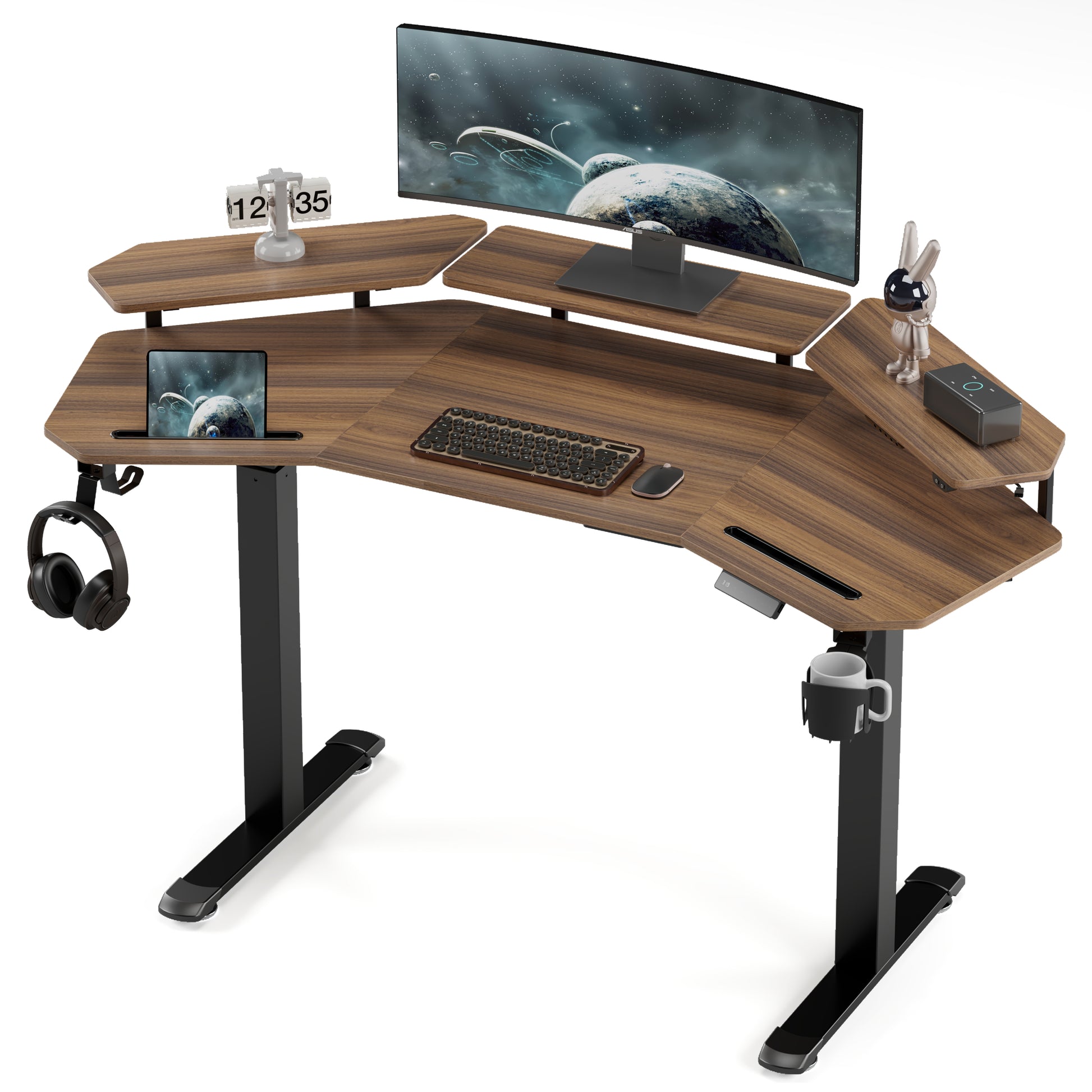 Eureka Ergonomic Aero Pro Standing Desk, Walnut Finish, With Accessories, Ergonomic Design for a Gaming Setup.