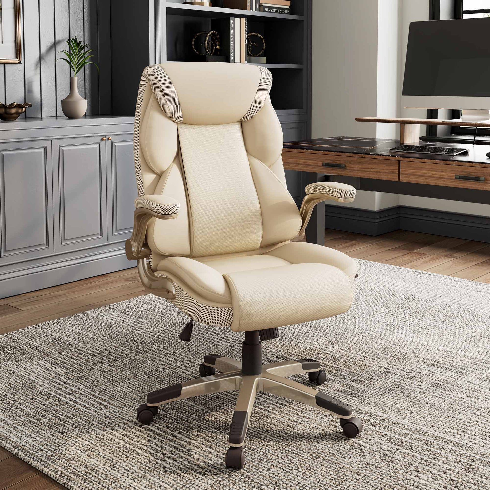 Galene Cream Faux Leather Office Chair With Ergonomic Design and Mesh Headrest for Workspace Comfort.