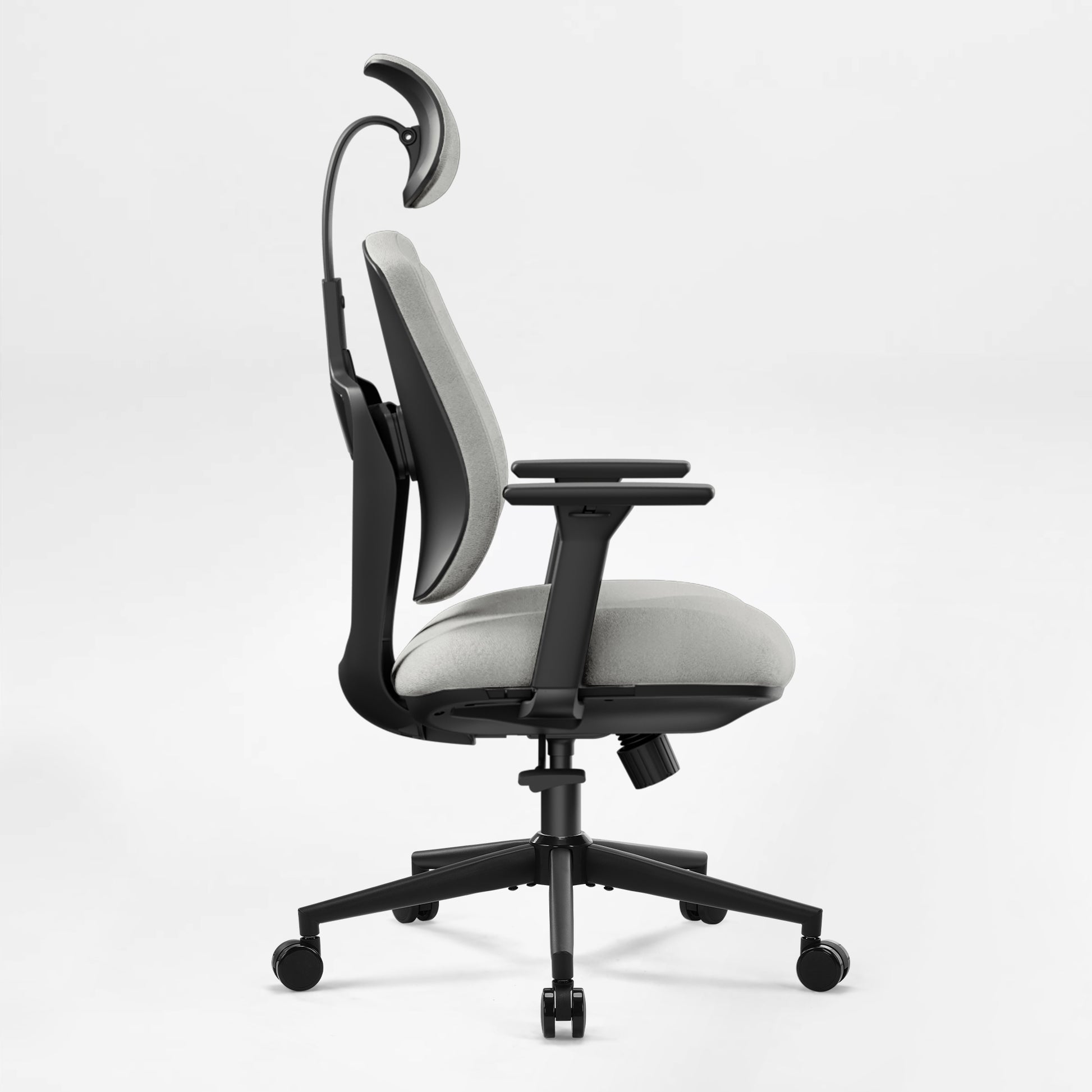 Flex Ergonomic Office Chair in Gray Fabric With Adjustable Headrest and Black Frame, Supporting Ergonomic Posture.