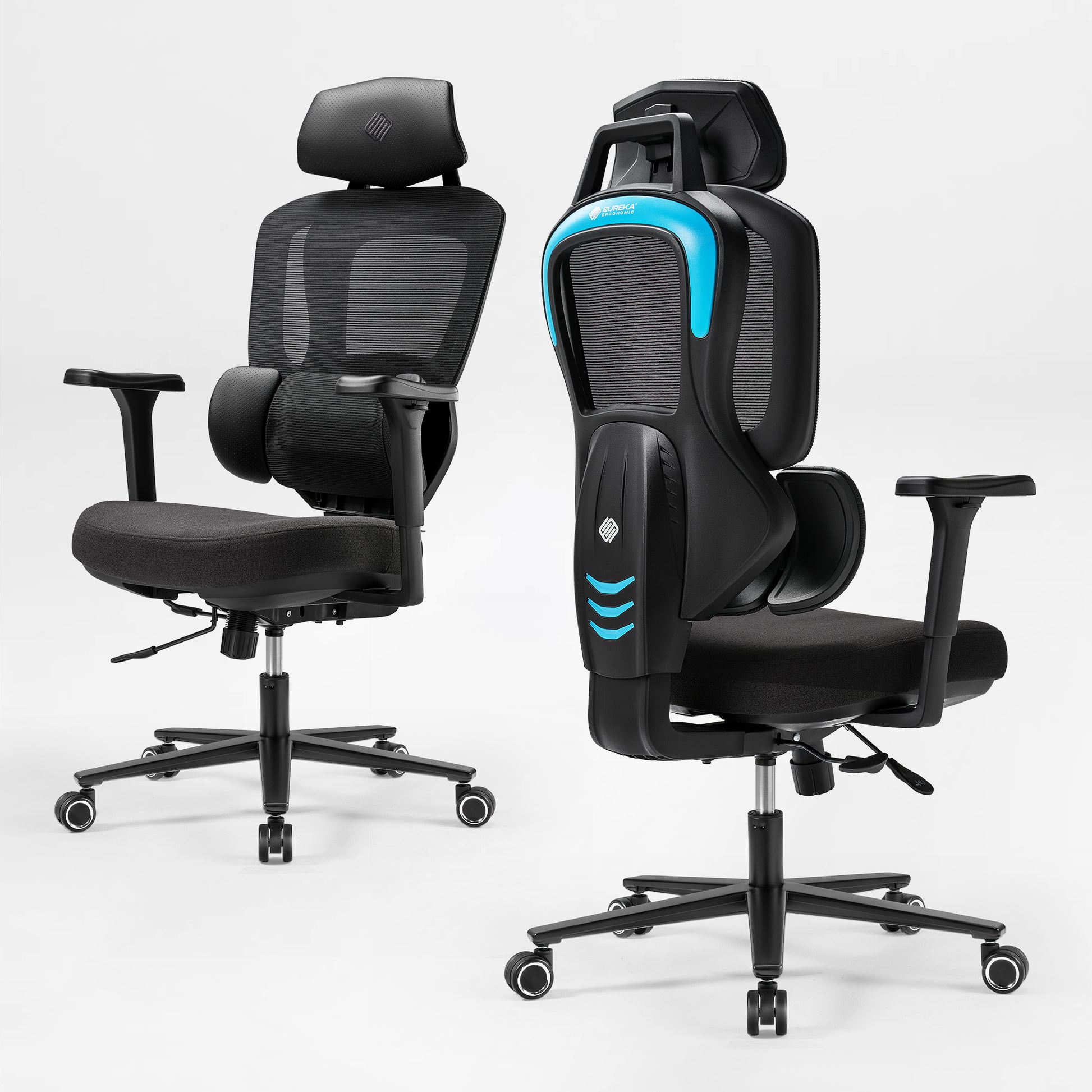 Front and back view of an ergonomic office chair, blue|eurekaergonomic